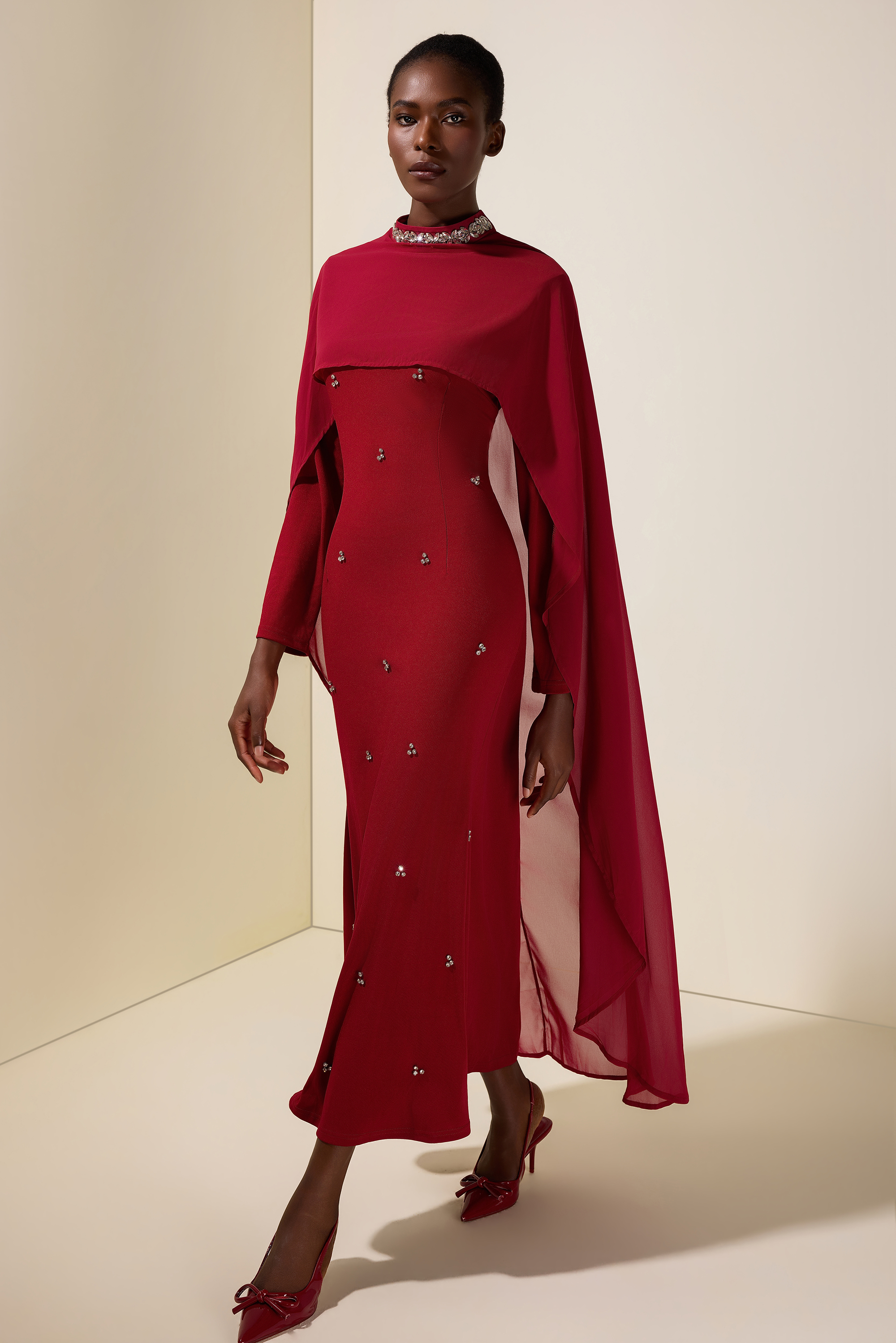 Jersey Rhinestone Rivets Maxi Dress With Chiffon Cape