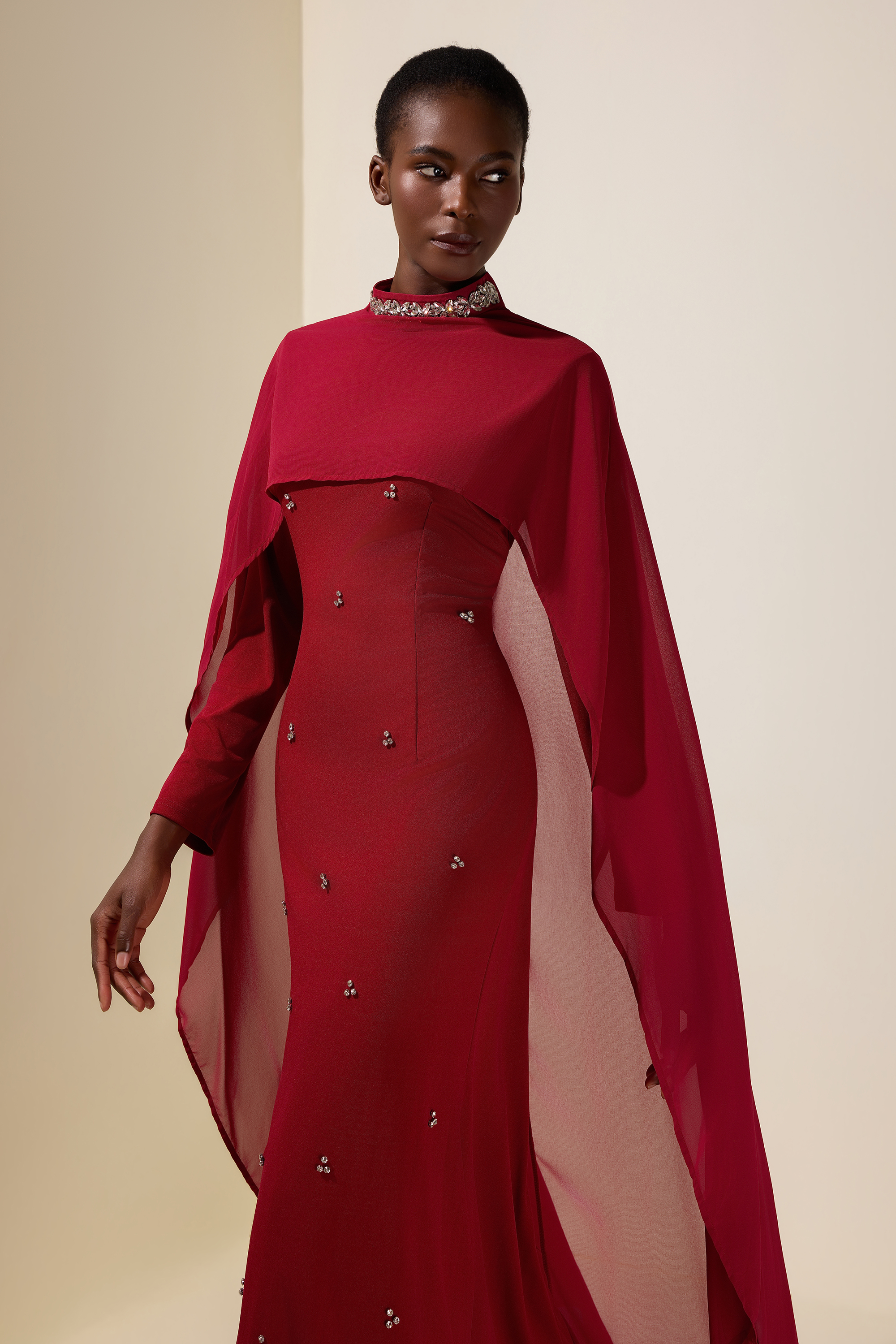 Jersey Rhinestone Rivets Maxi Dress With Chiffon Cape