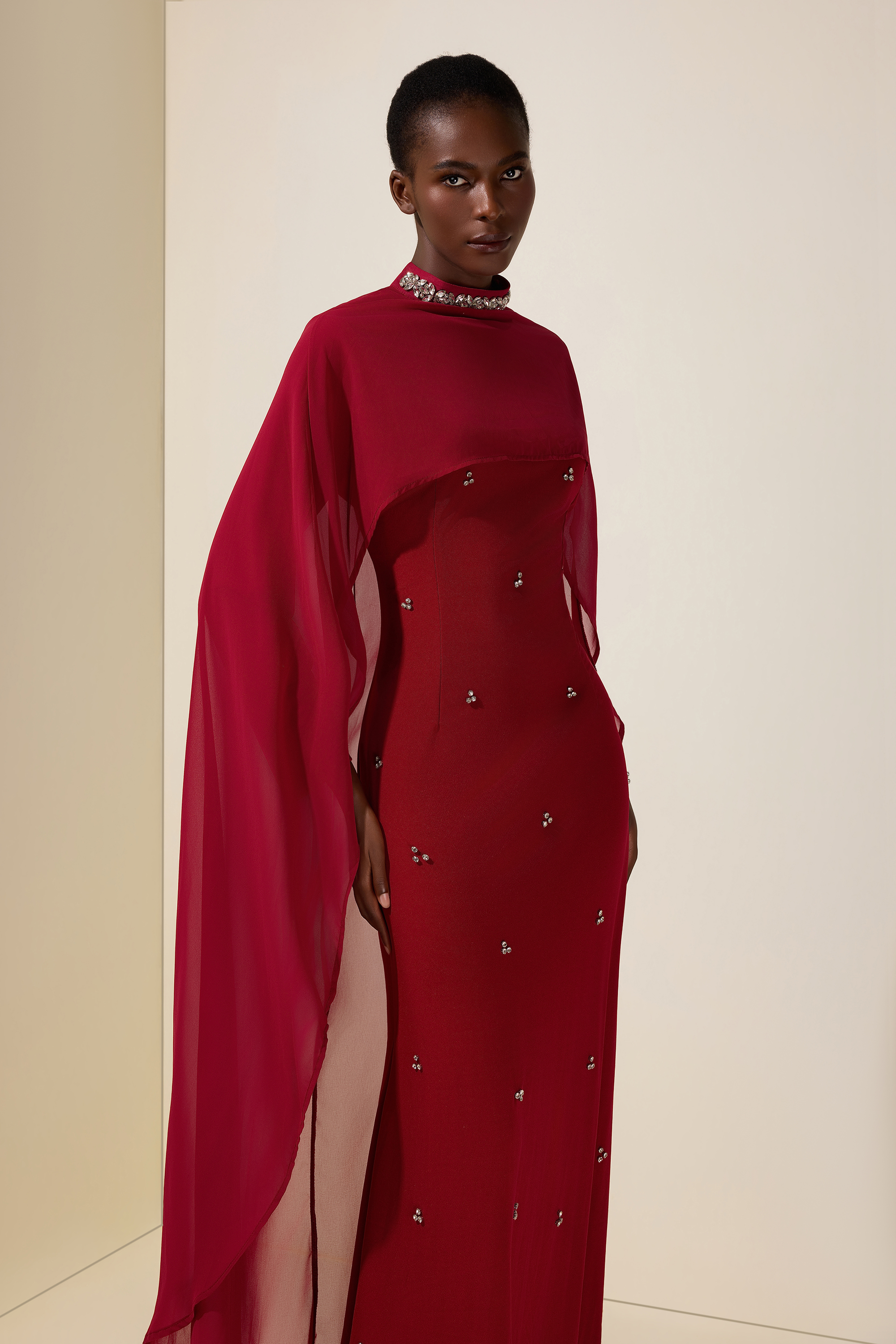 Jersey Rhinestone Rivets Maxi Dress With Chiffon Cape