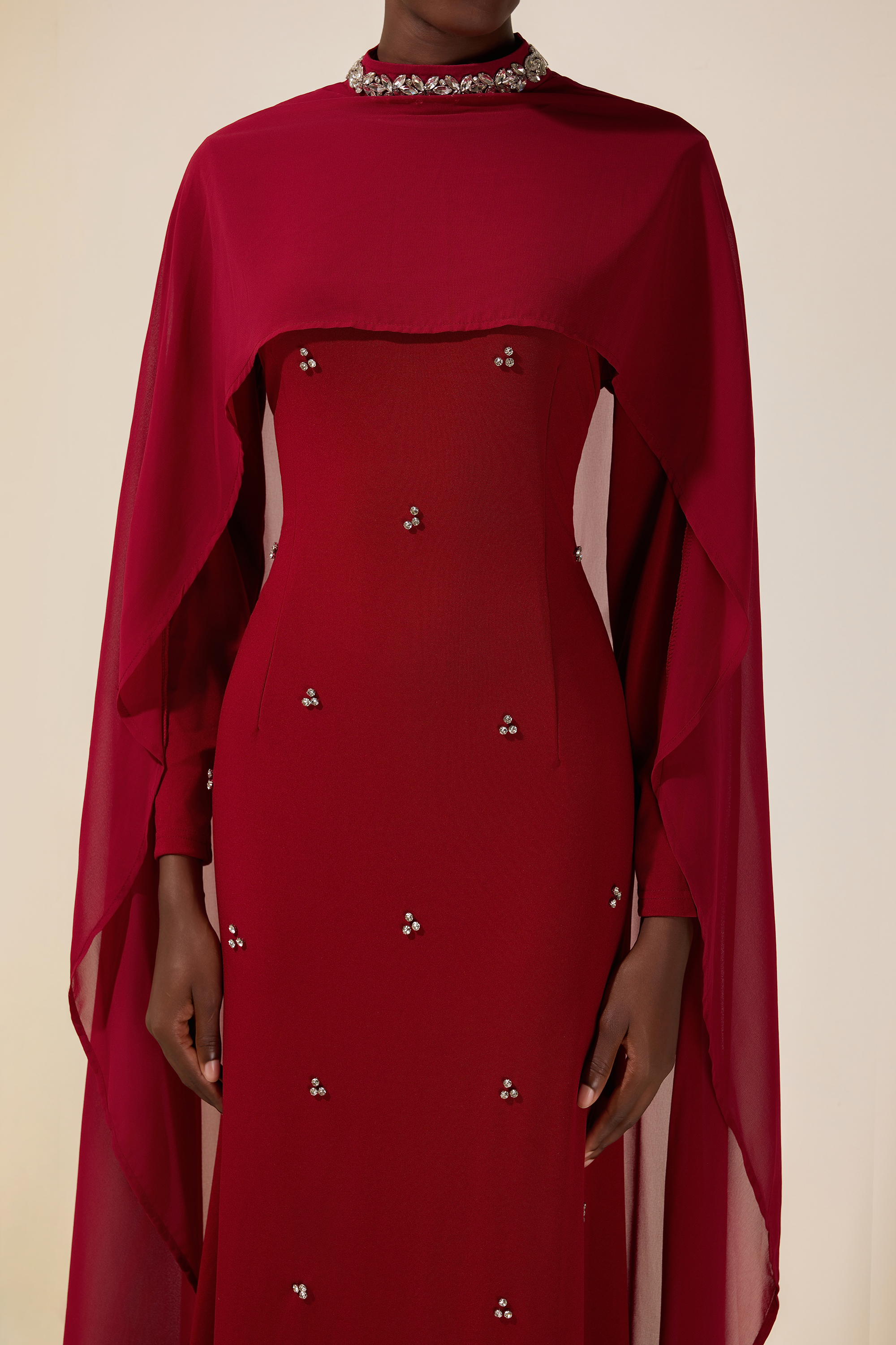 Jersey Rhinestone Rivets Maxi Dress With Chiffon Cape