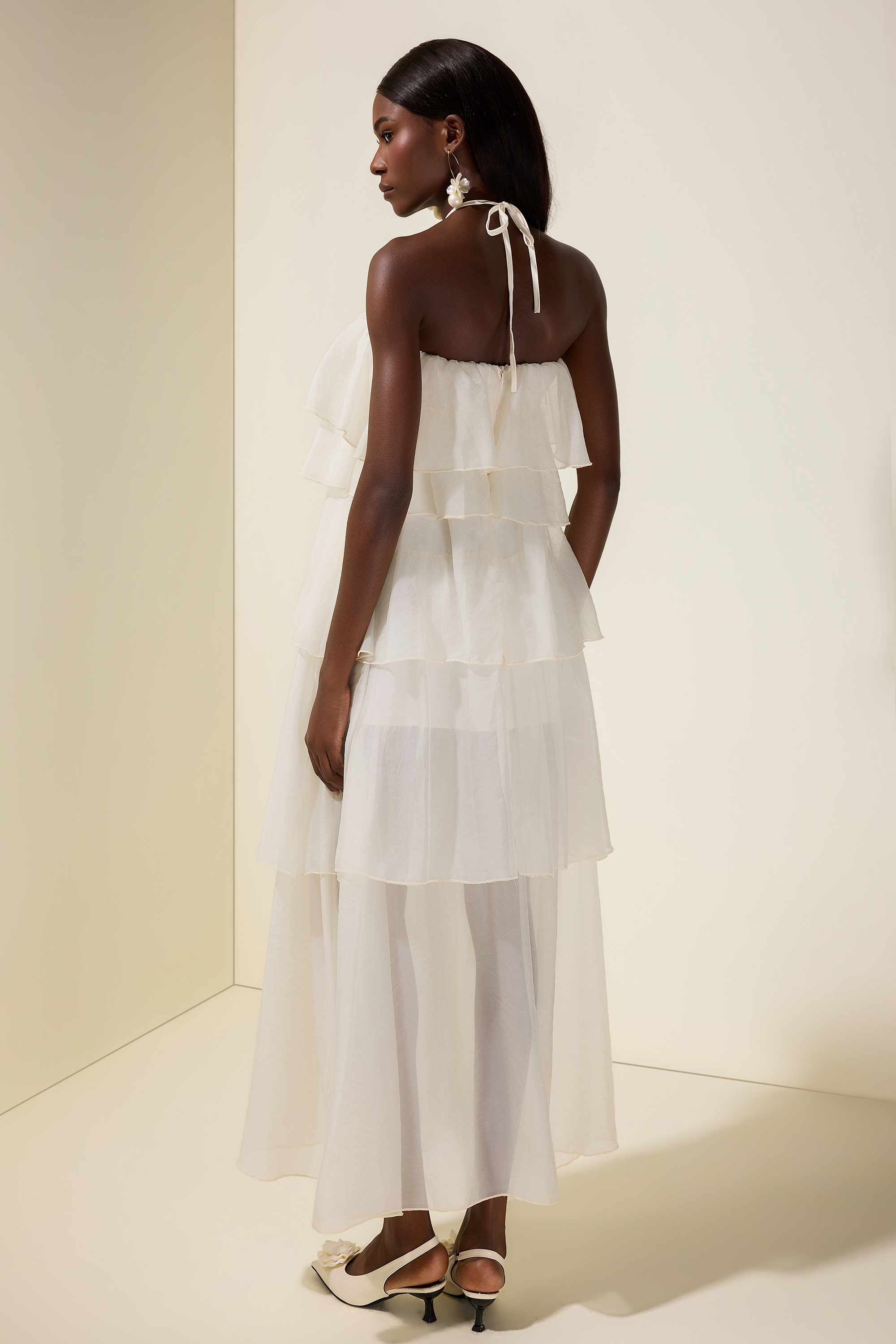 Chiffon Ruffle Halter Neck Midi Dress