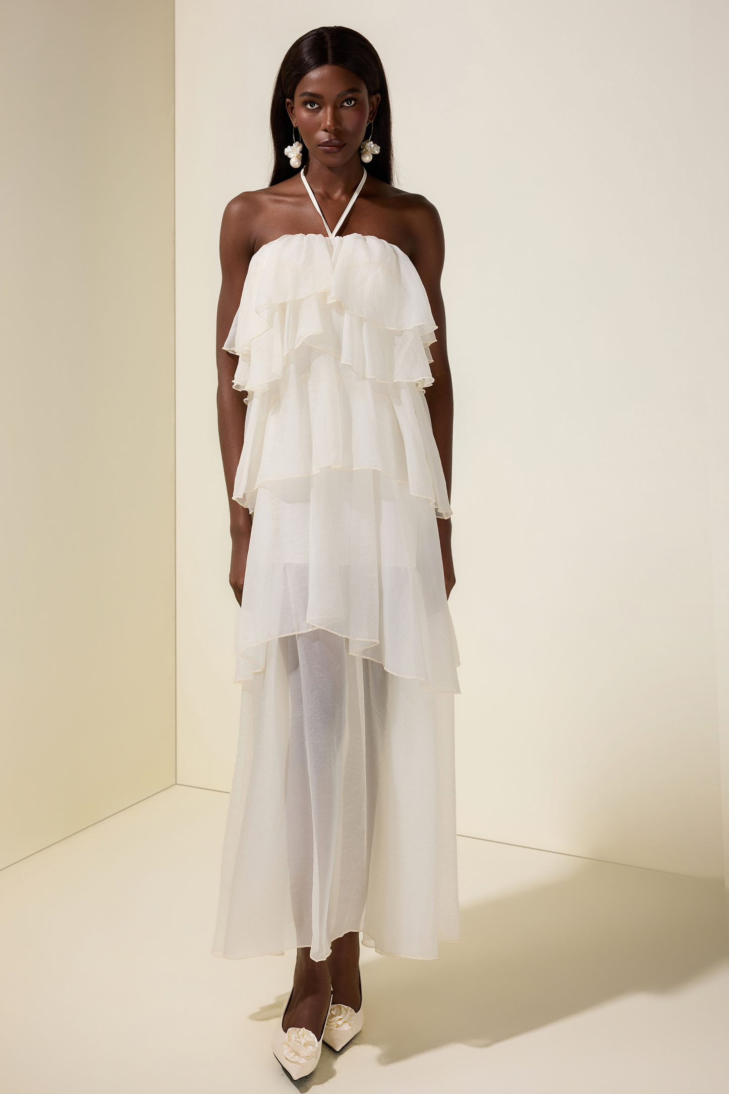 Chiffon Ruffle Halter Neck Midi Dress