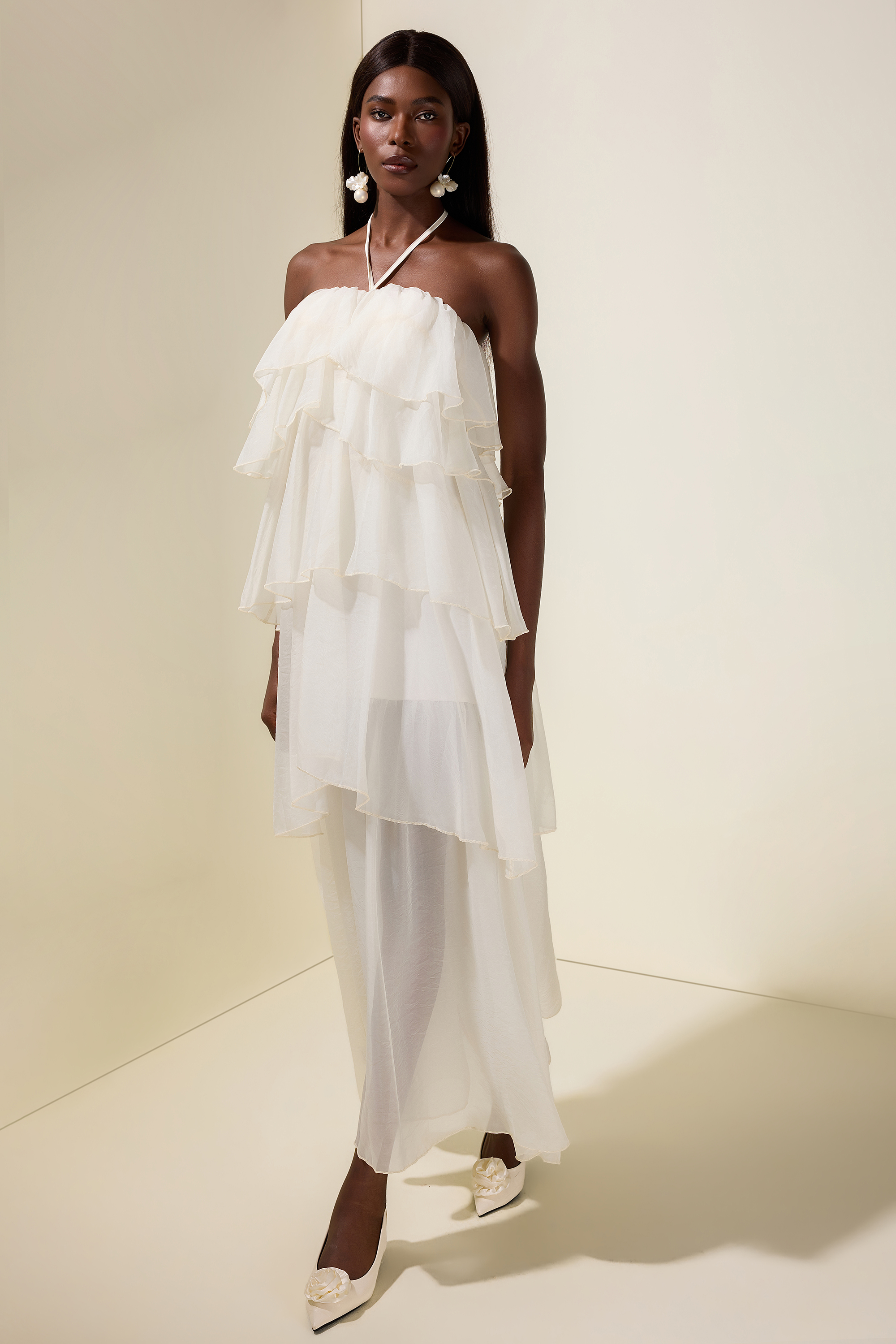 Chiffon Ruffle Halter Neck Midi Dress
