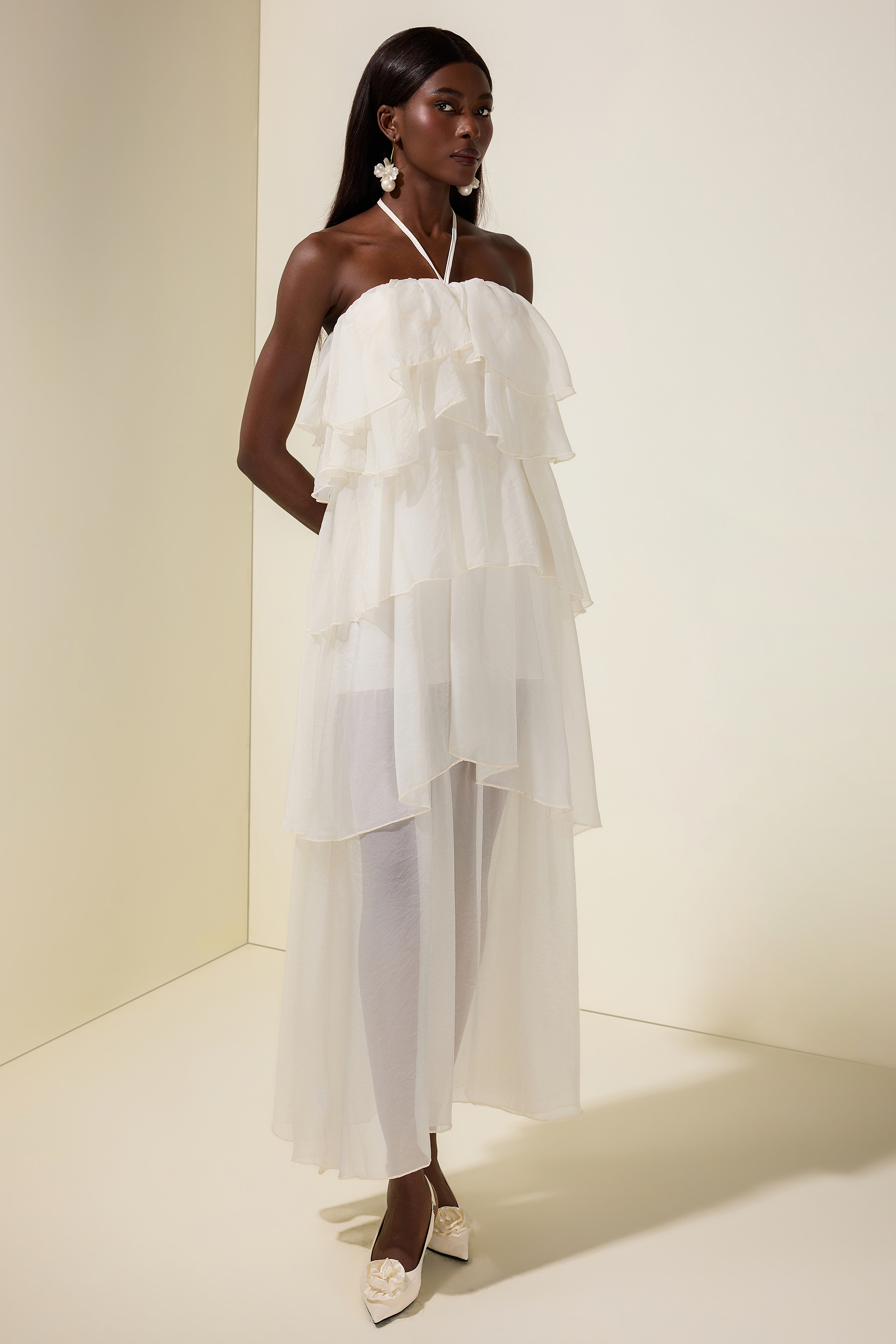 Chiffon Ruffle Halter Neck Midi Dress