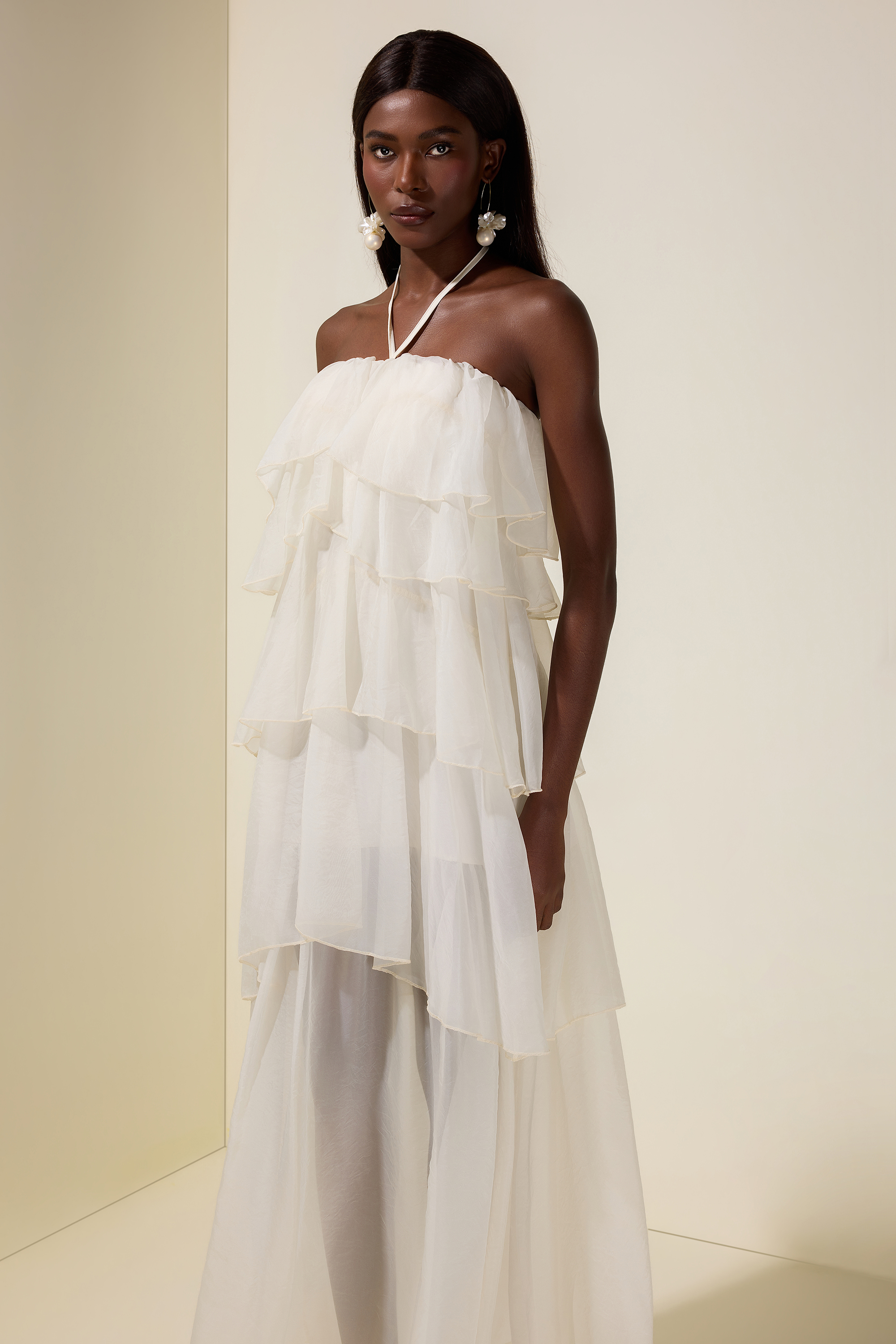 Chiffon Ruffle Halter Neck Midi Dress