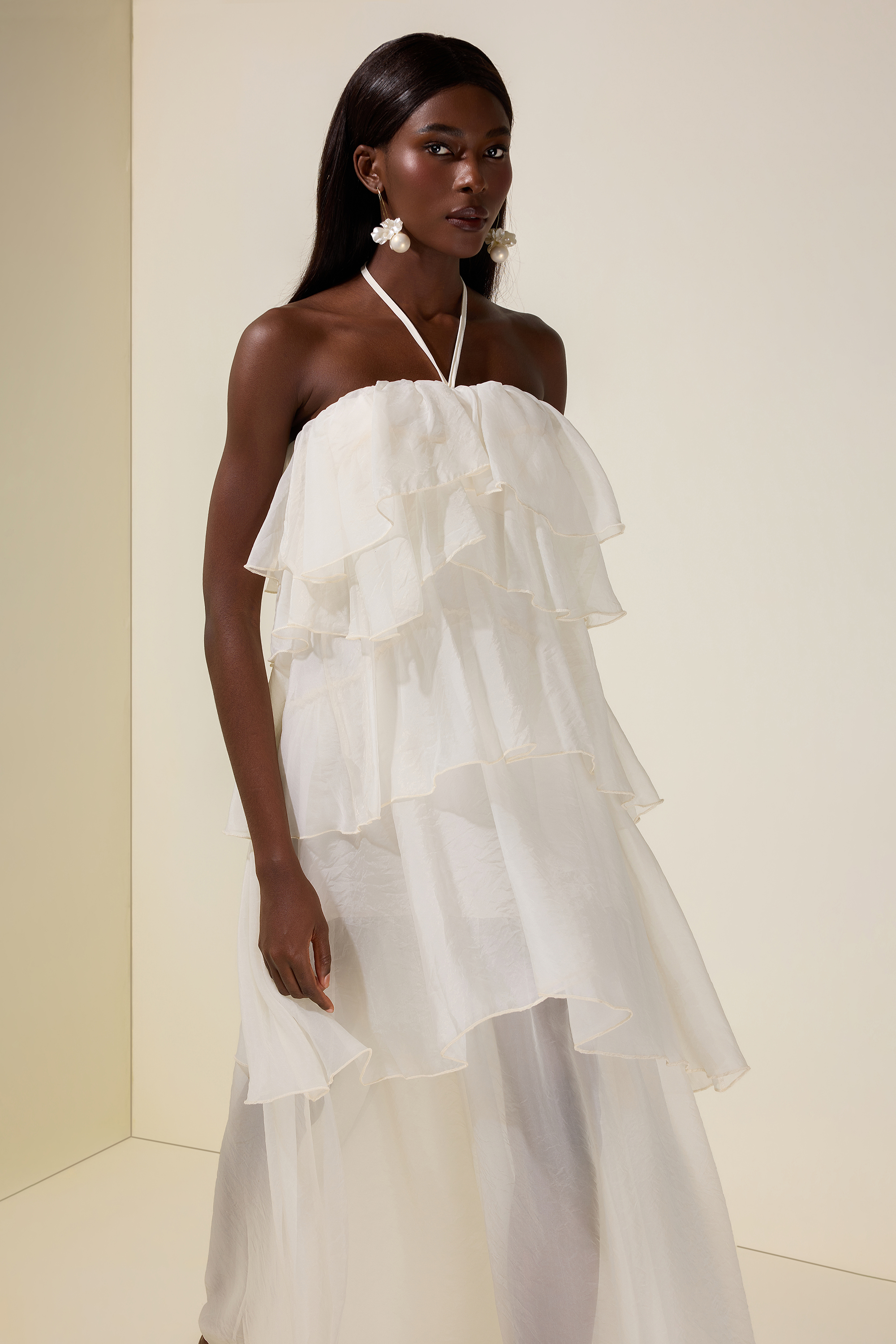 Chiffon Ruffle Halter Neck Midi Dress