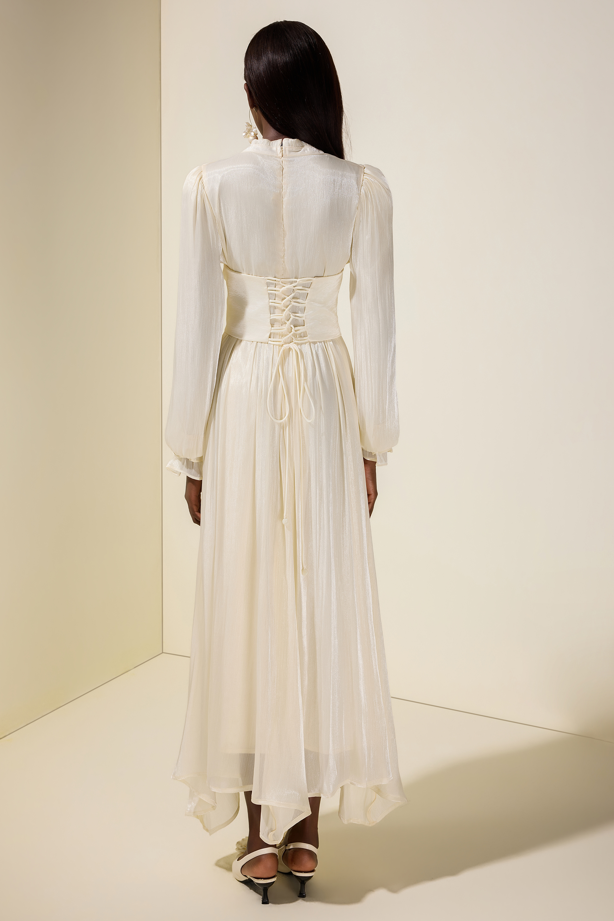 Nail Bead Embroidery Gathering Midi Dress