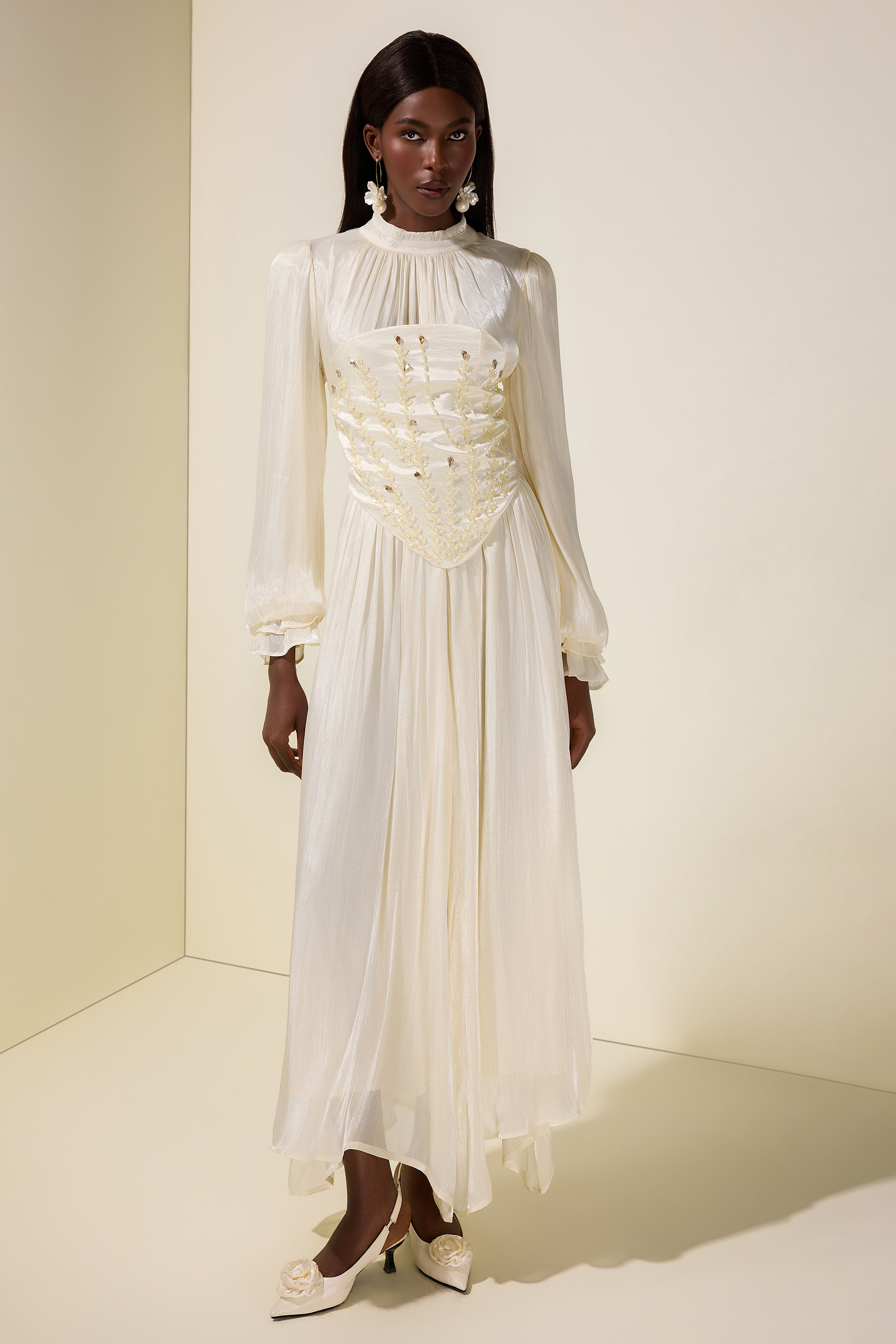 Nail Bead Embroidery Gathering Midi Dress