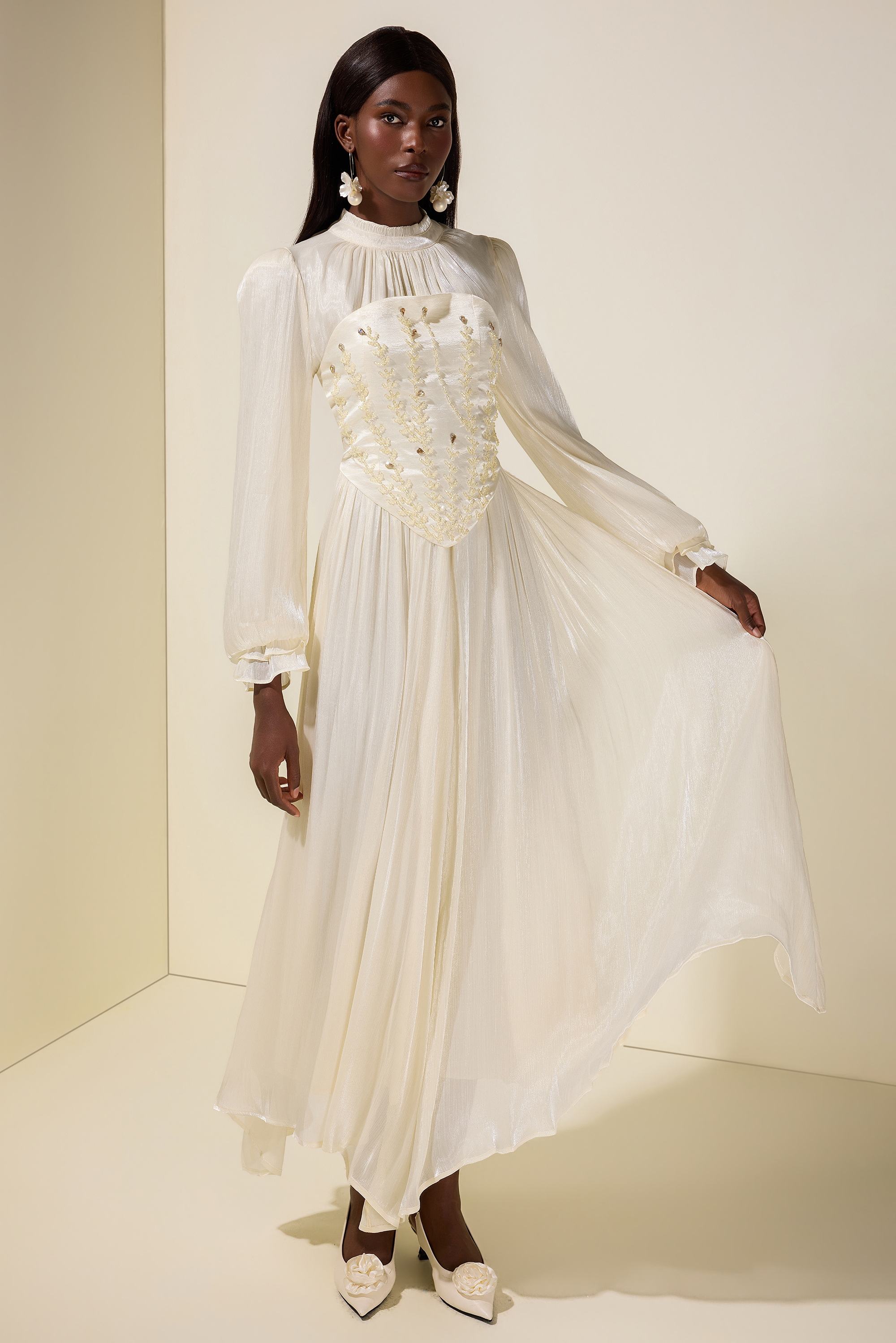 Nail Bead Embroidery Gathering Midi Dress