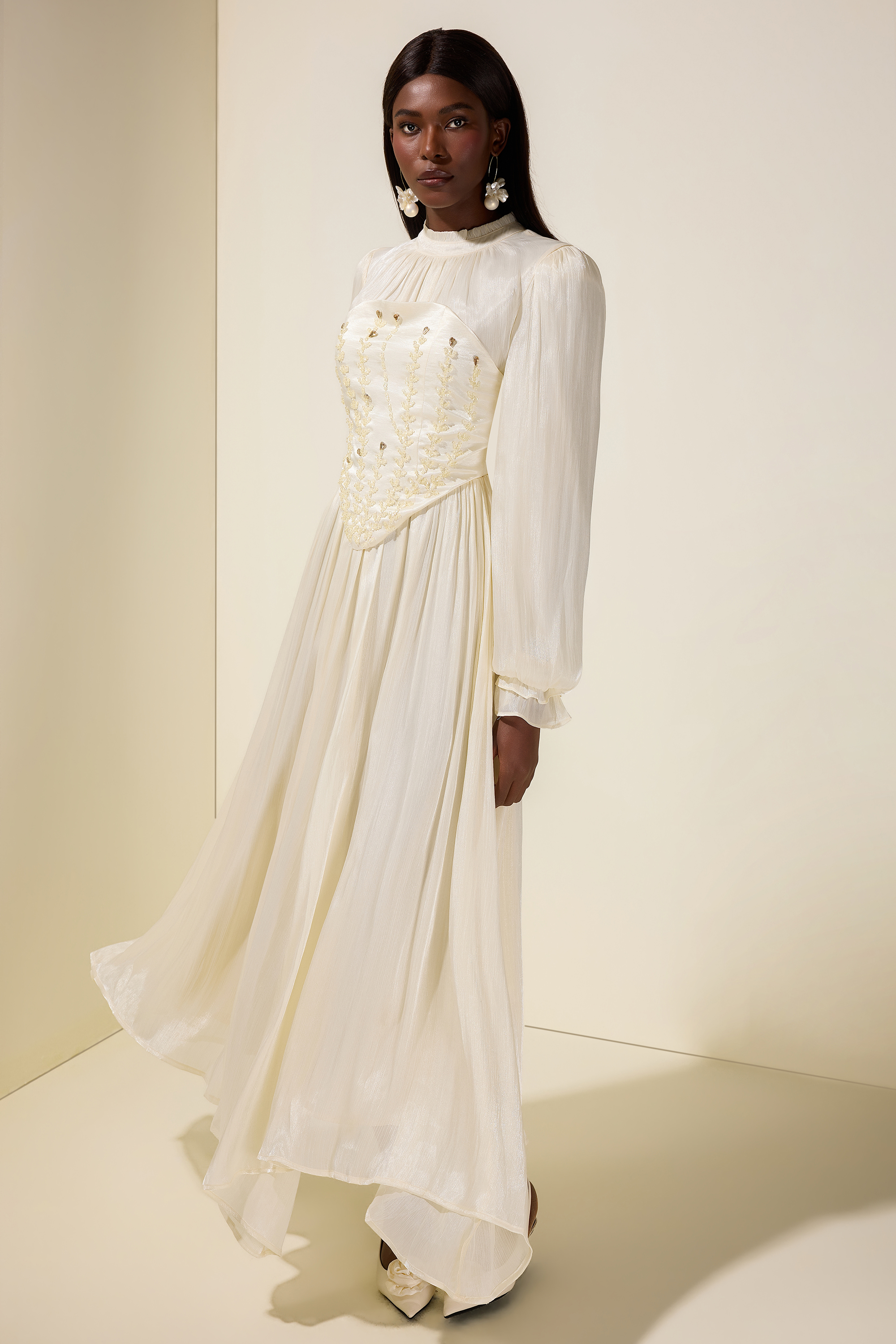 Nail Bead Embroidery Gathering Midi Dress