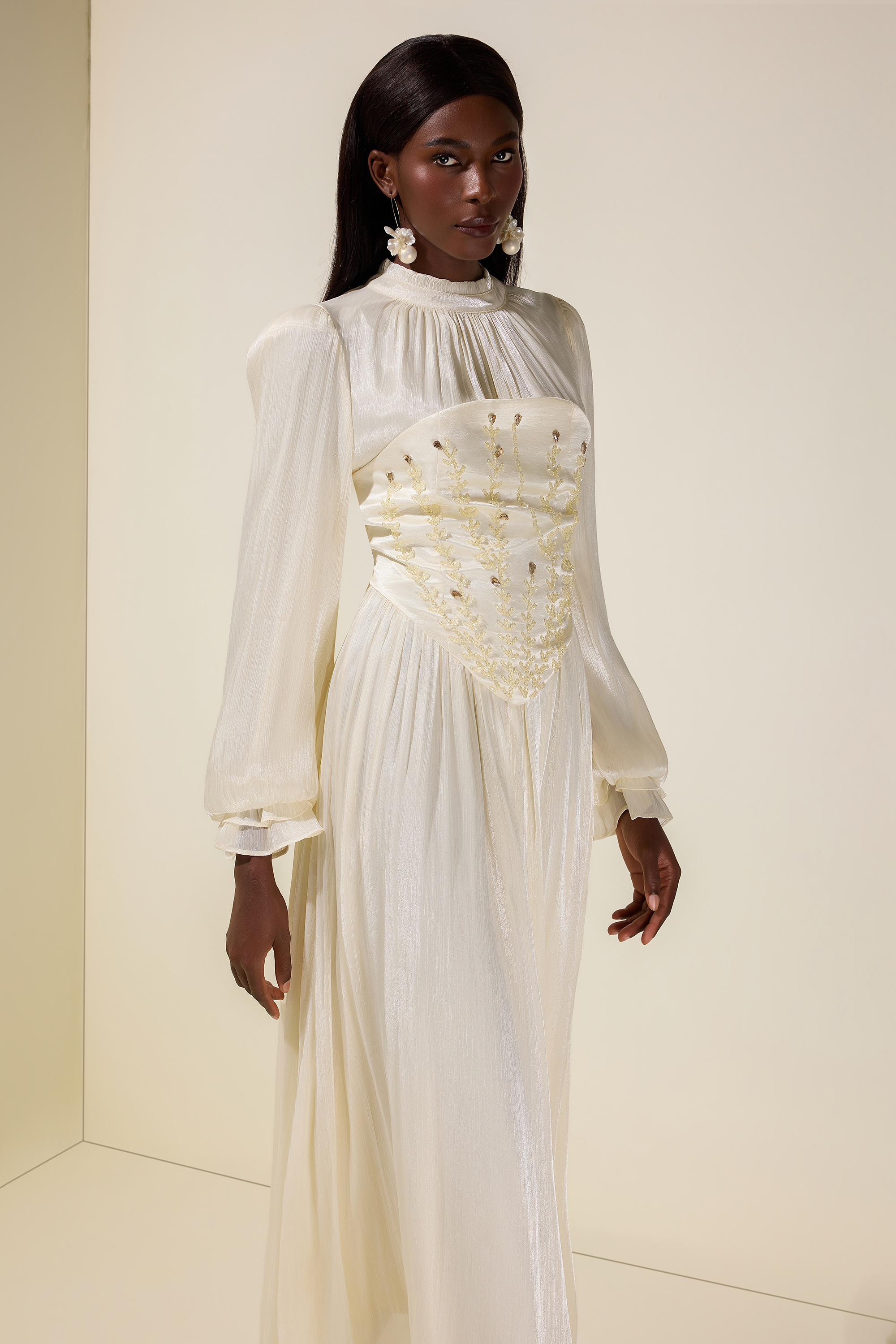 Nail Bead Embroidery Gathering Midi Dress