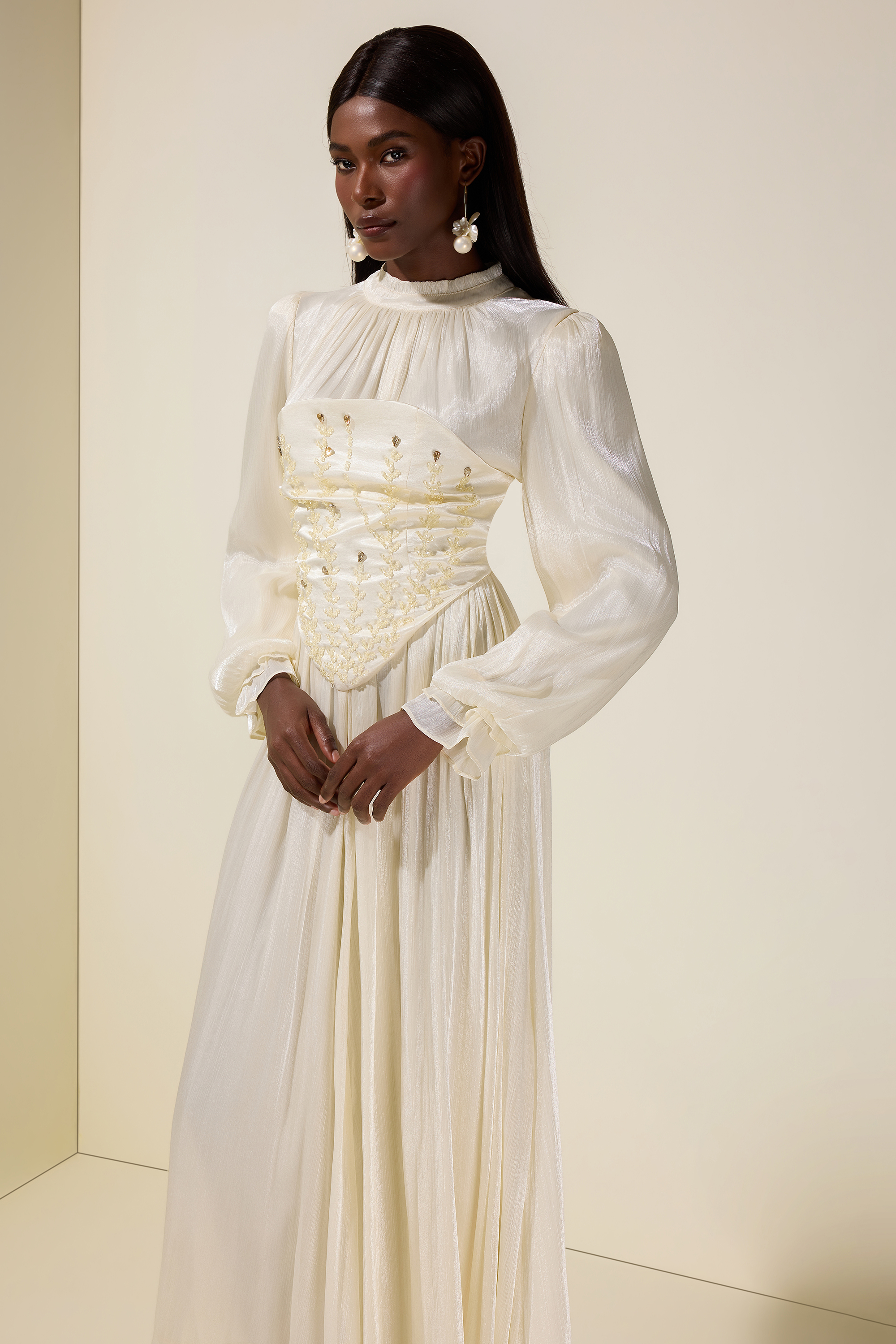 Nail Bead Embroidery Gathering Midi Dress