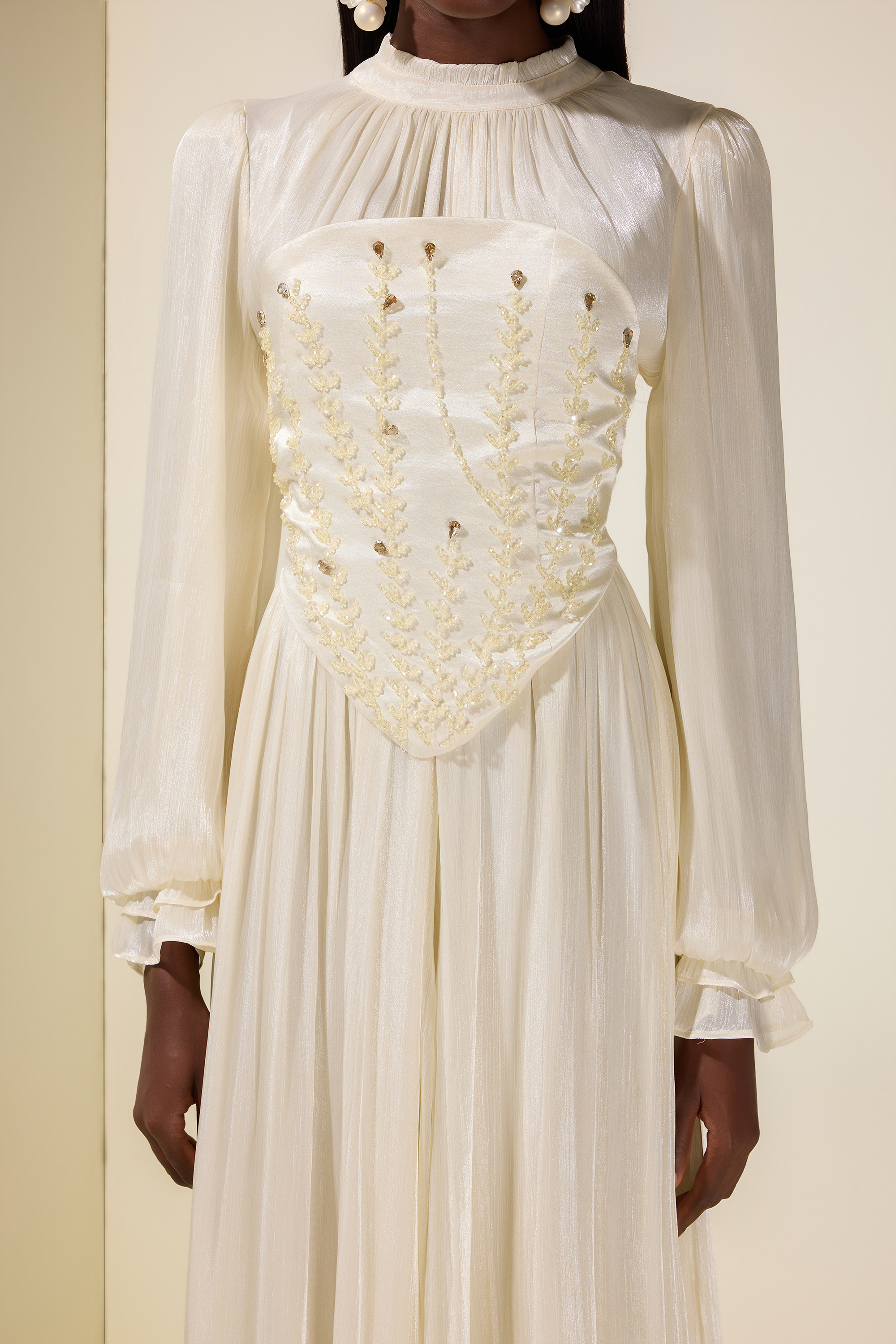 Nail Bead Embroidery Gathering Midi Dress