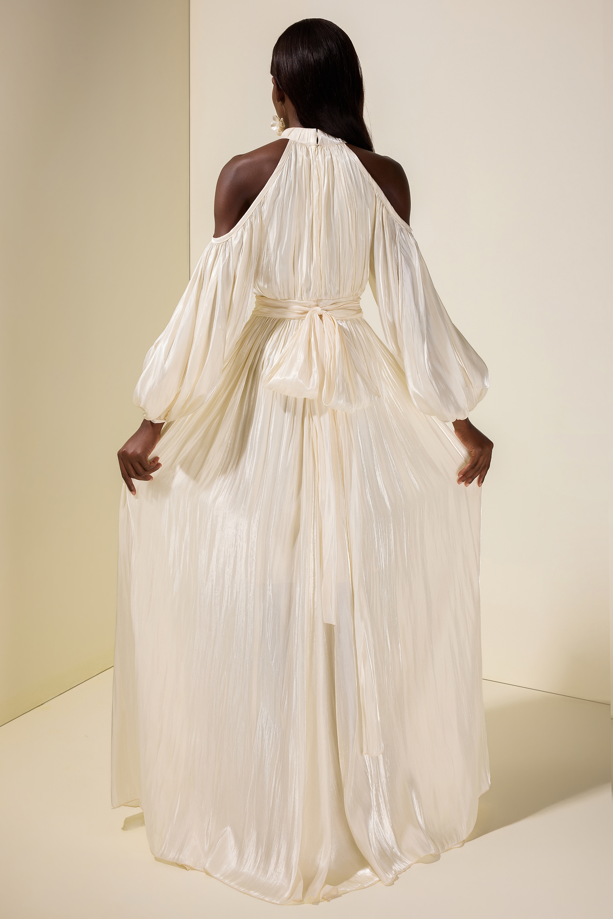 Satin Off-Shoulder Gathering Maxi Dress With Belt