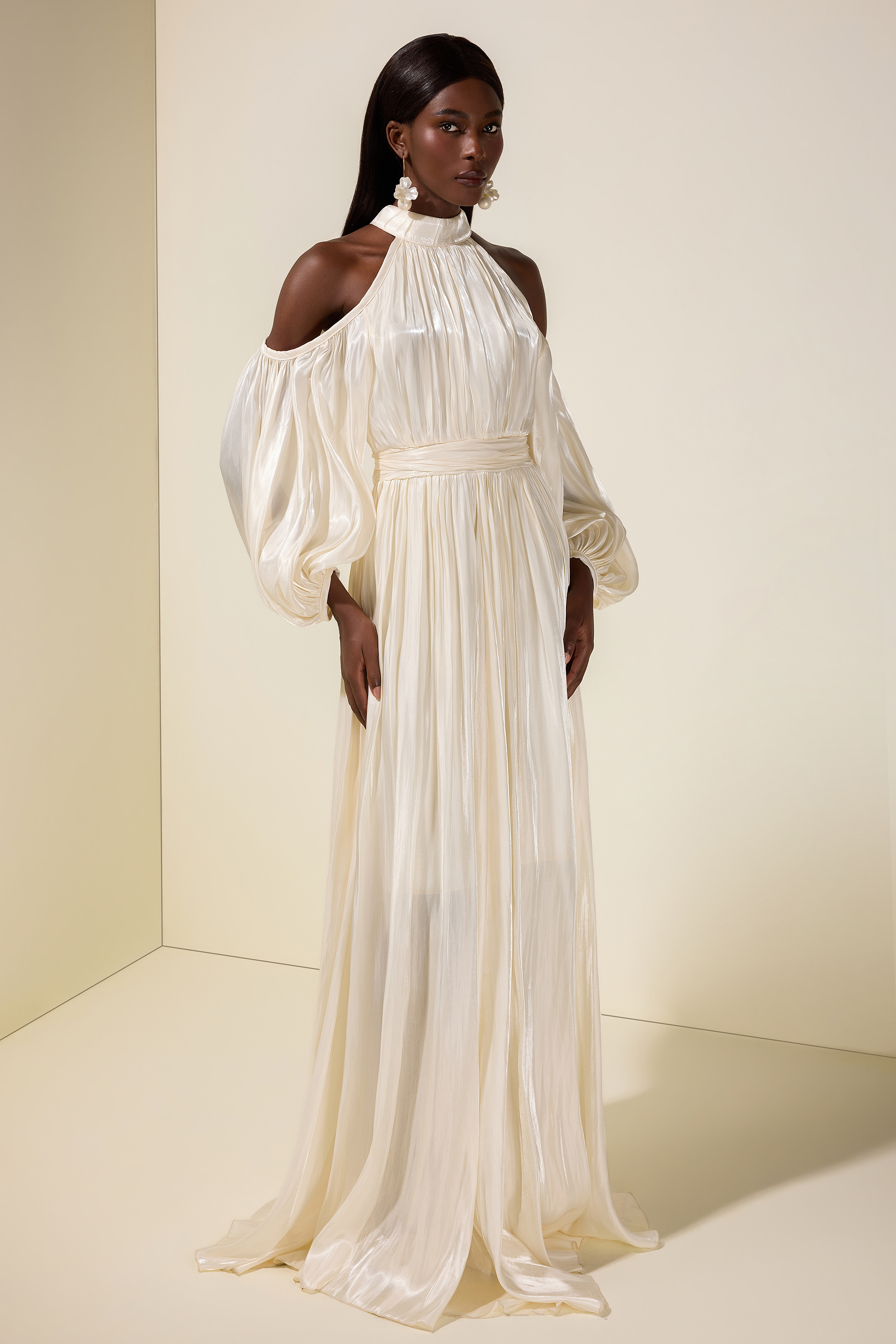 Satin Off-Shoulder Gathering Maxi Dress With Belt