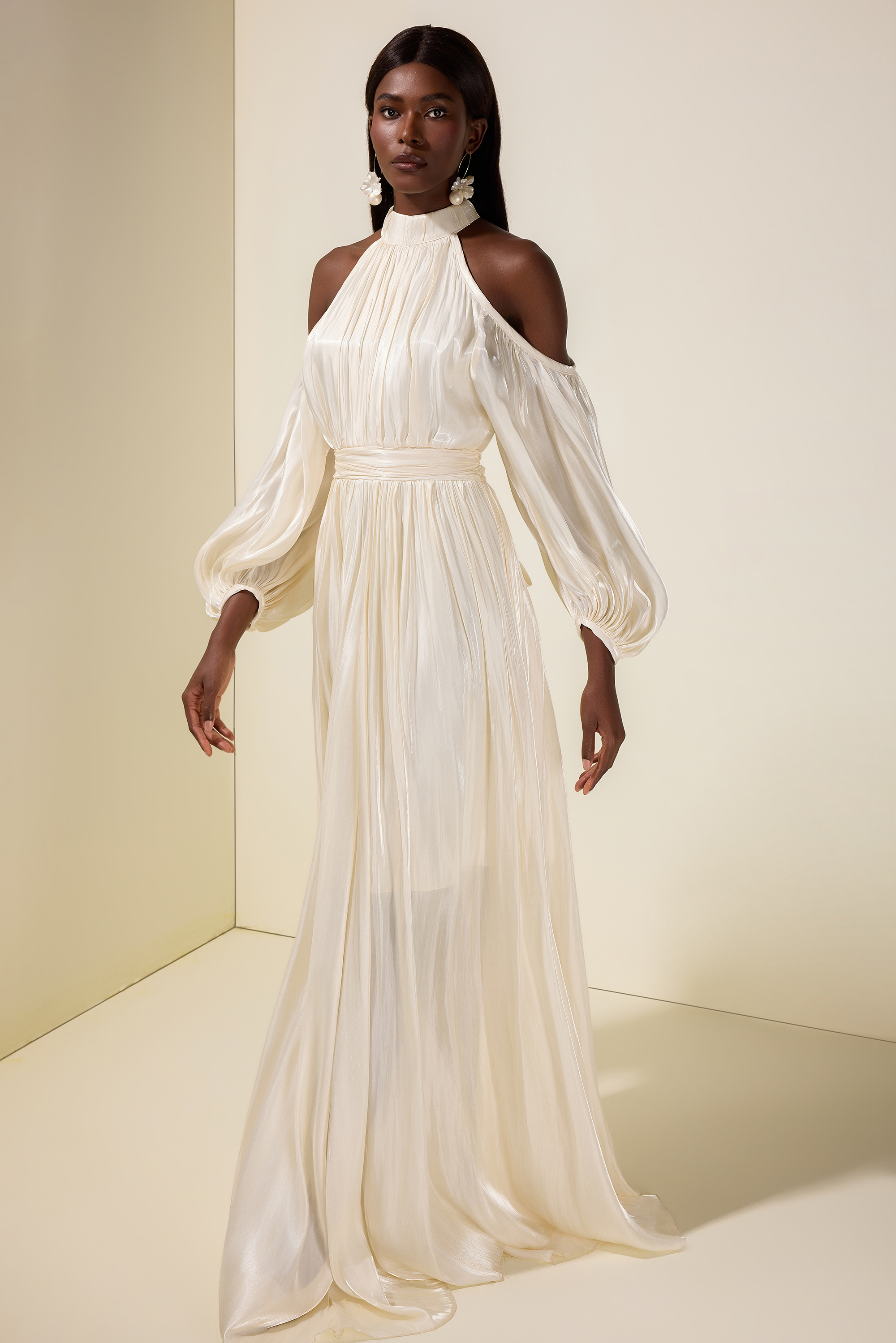 Satin Off-Shoulder Gathering Maxi Dress With Belt