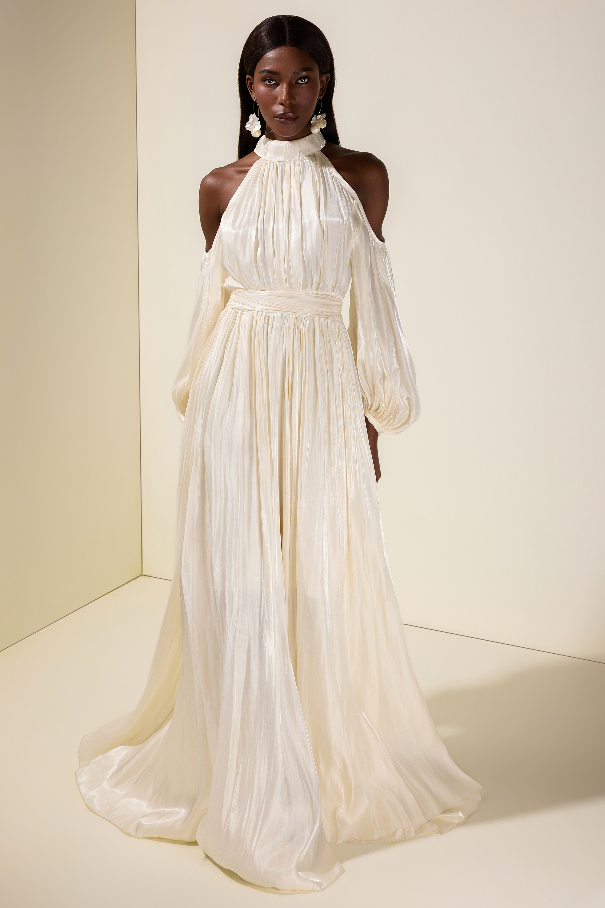Satin Off-Shoulder Gathering Maxi Dress With Belt