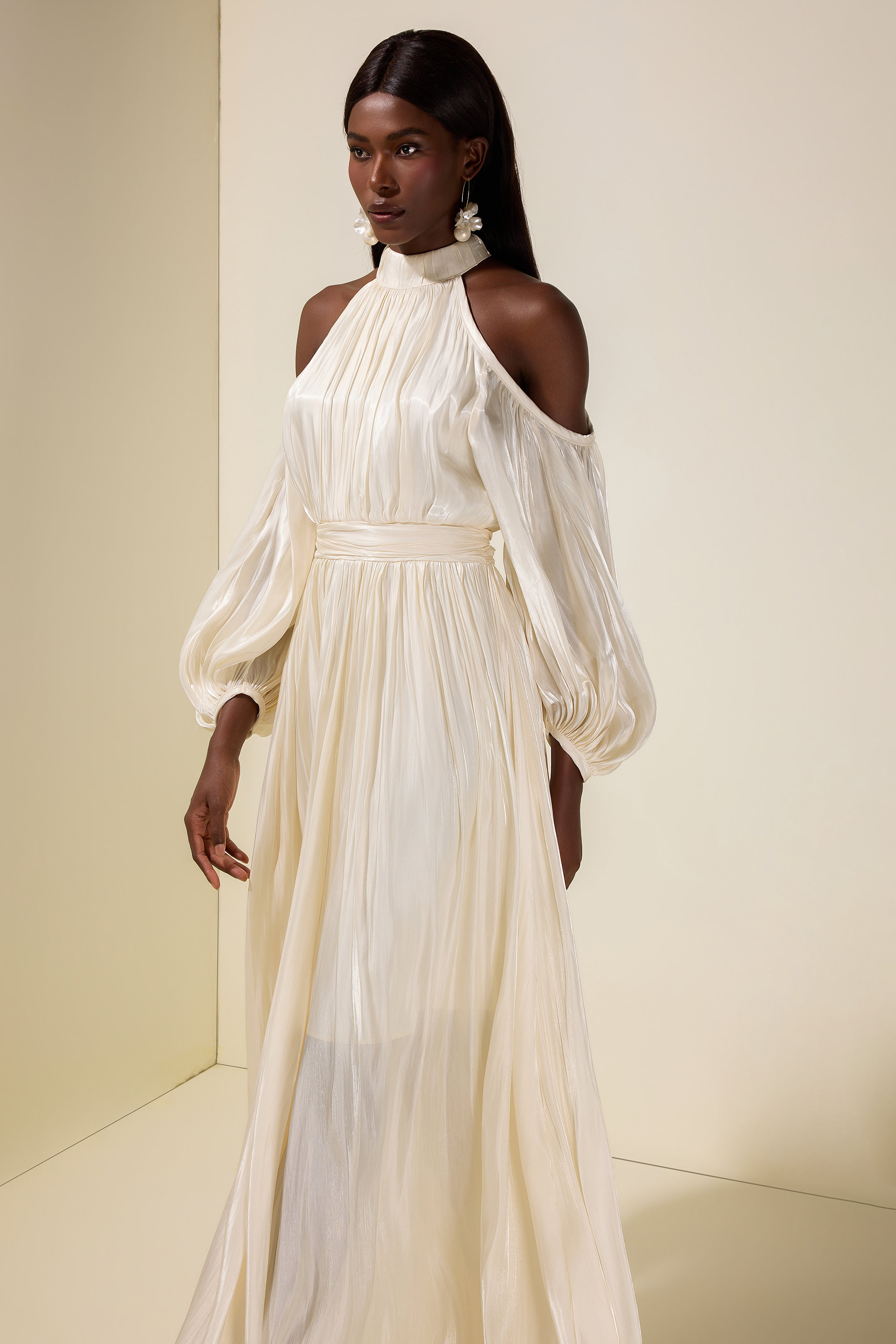 Satin Off-Shoulder Gathering Maxi Dress With Belt