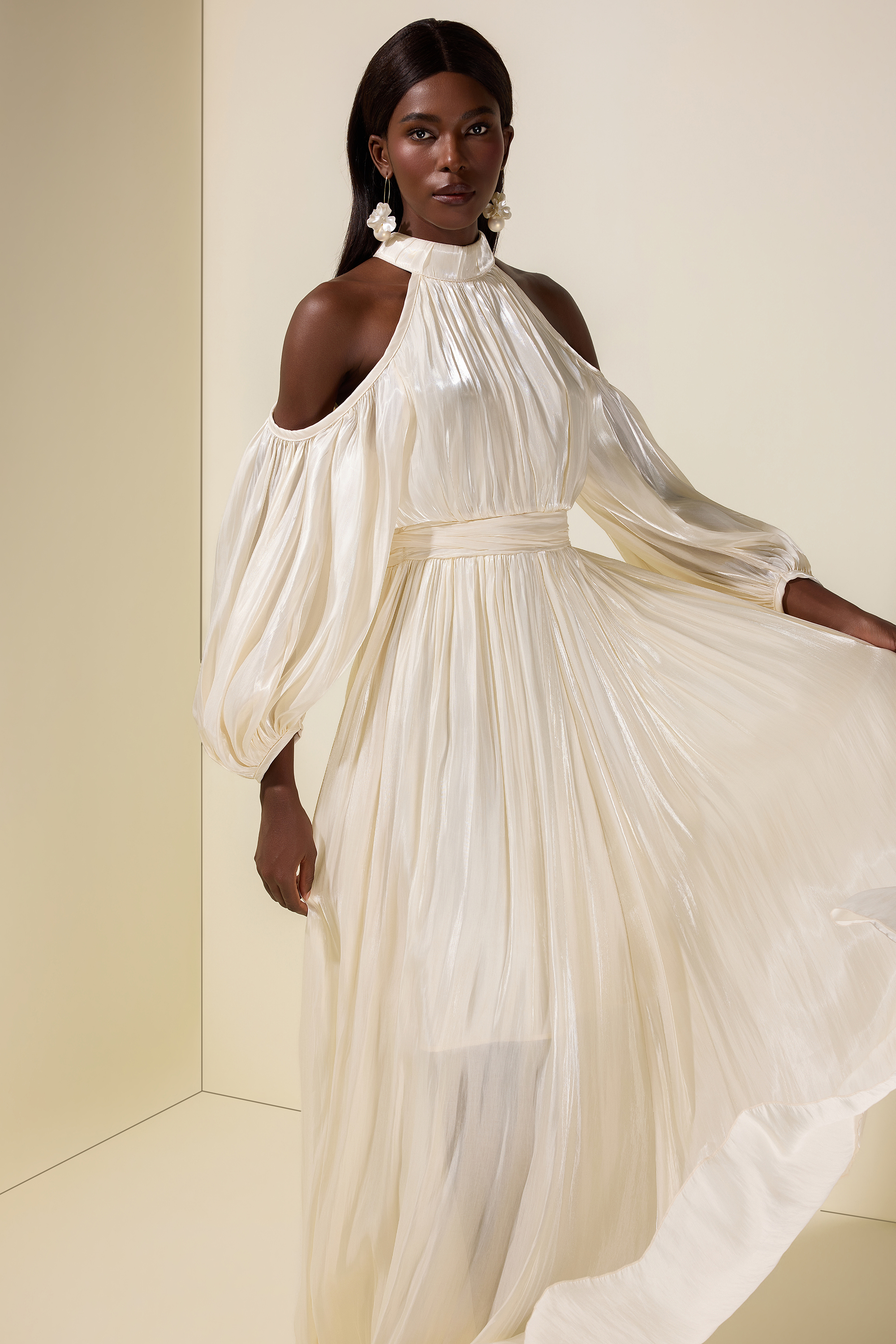 Satin Off-Shoulder Gathering Maxi Dress With Belt