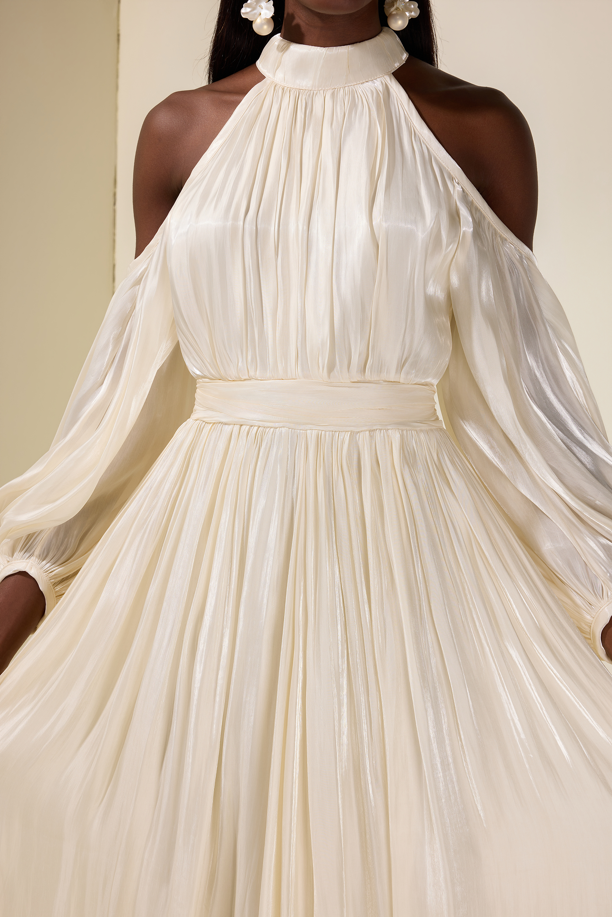 Satin Off-Shoulder Gathering Maxi Dress With Belt