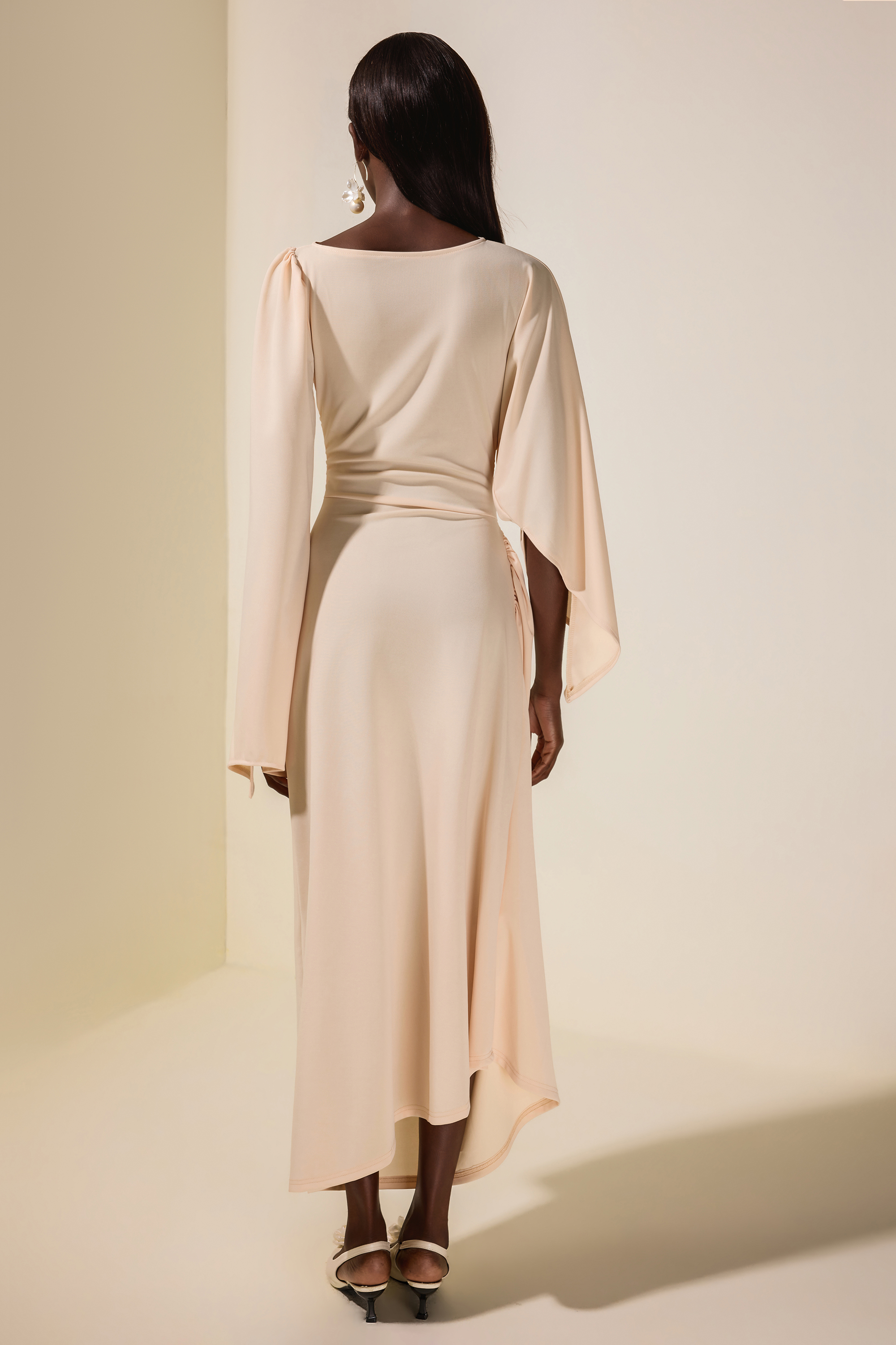 Jersey Gathering Cape Sleeve Maxi Dress