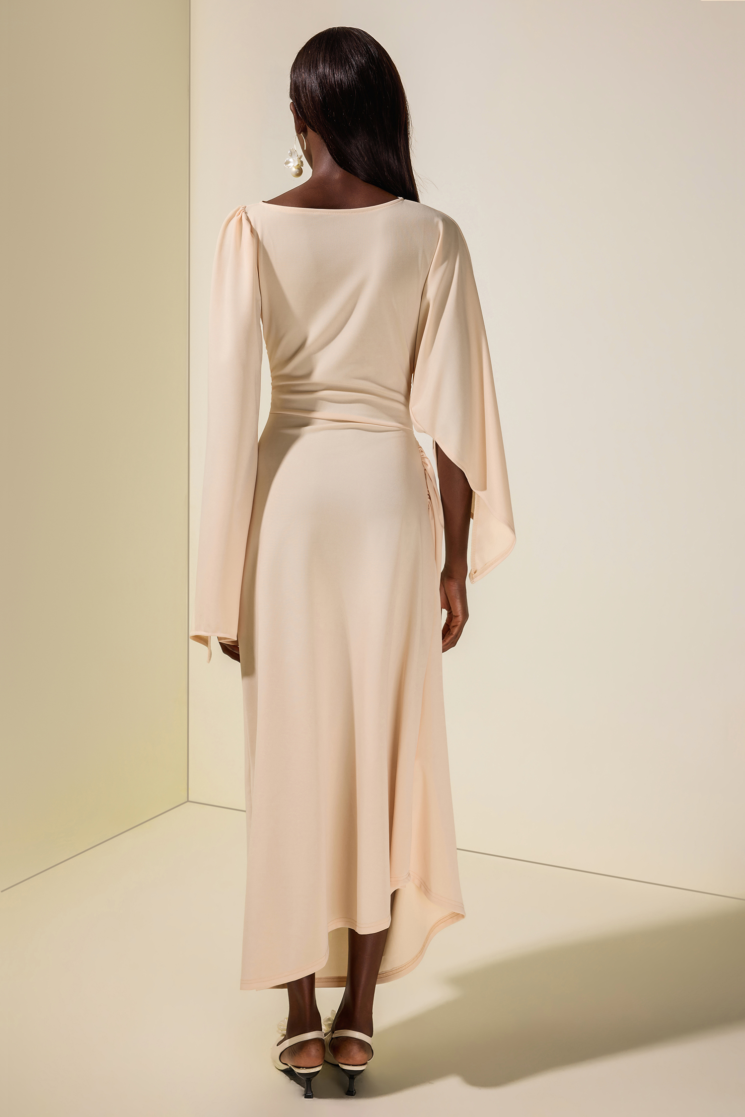 Jersey Gathering Cape Sleeve Maxi Dress