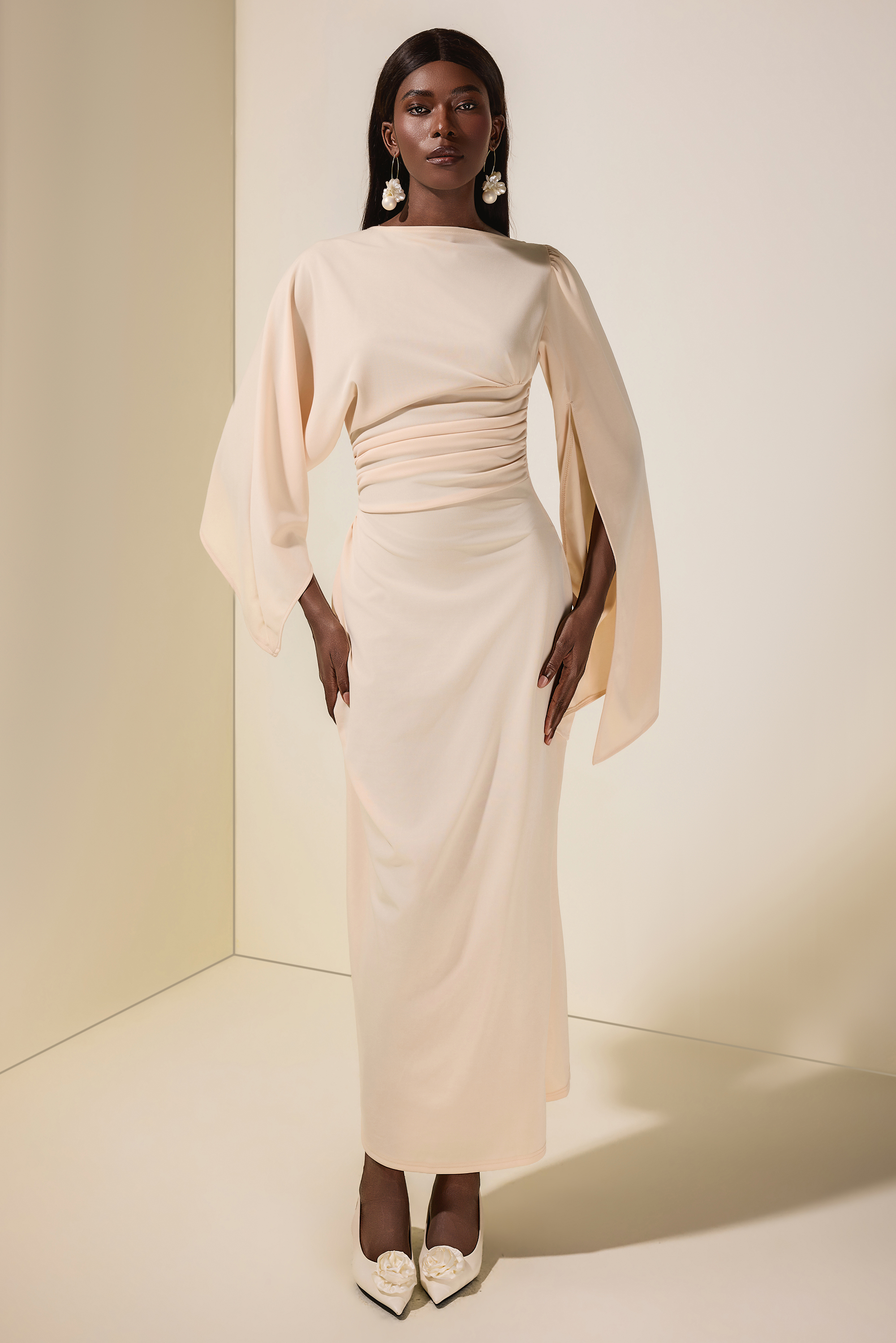 Jersey Gathering Cape Sleeve Maxi Dress