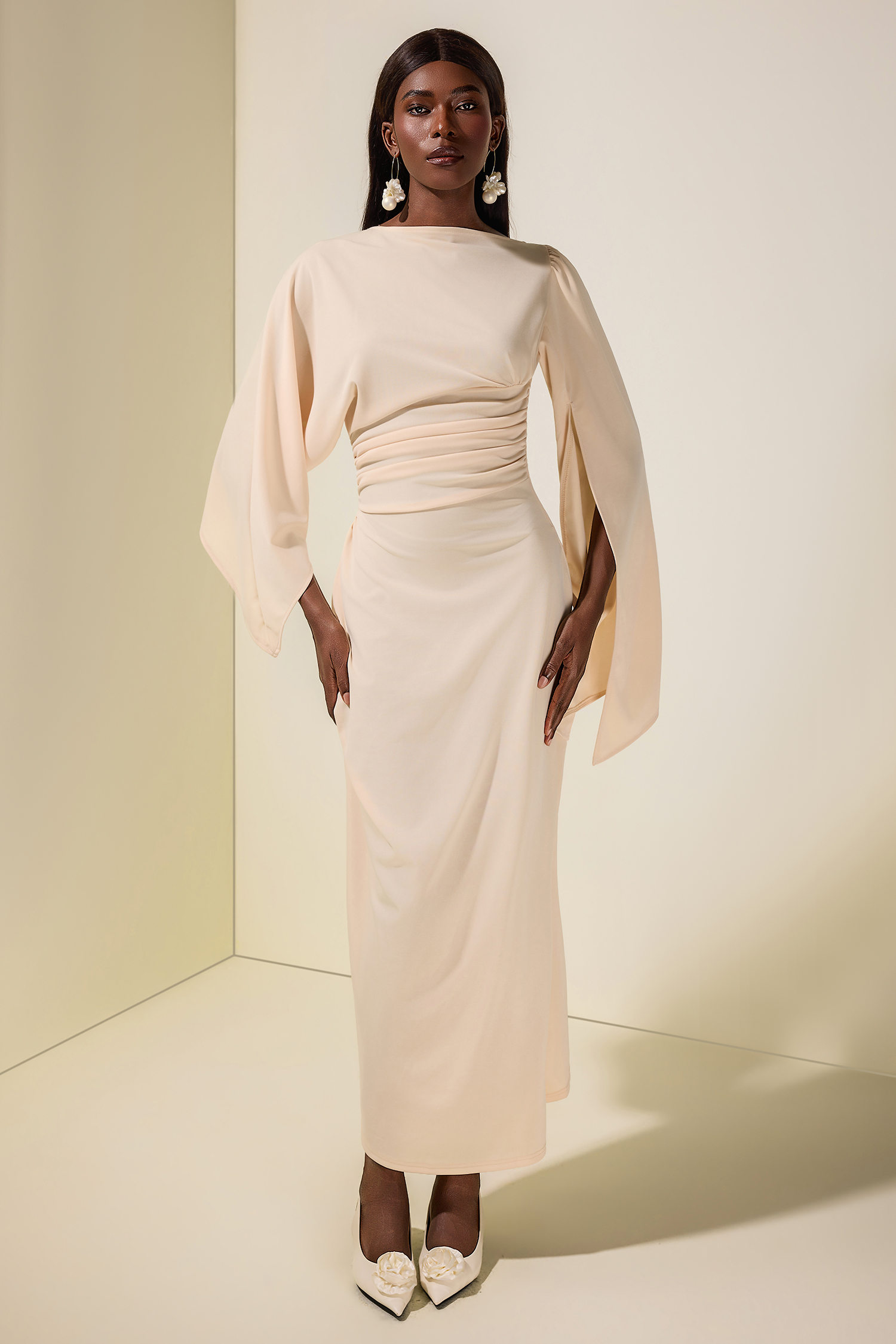 Jersey Gathering Cape Sleeve Maxi Dress