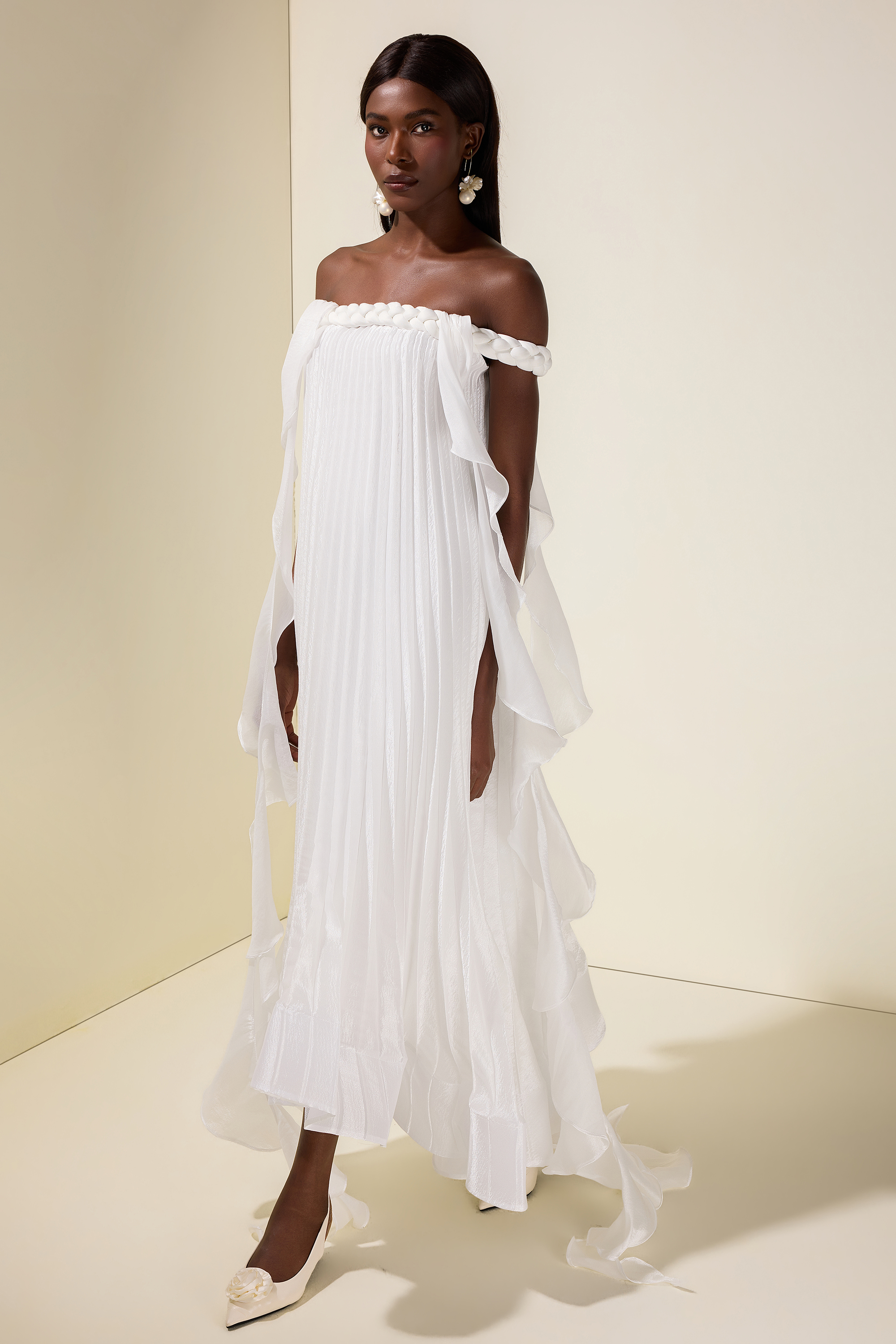 Solid Decorative Rope Ruffle Maxi Dress
