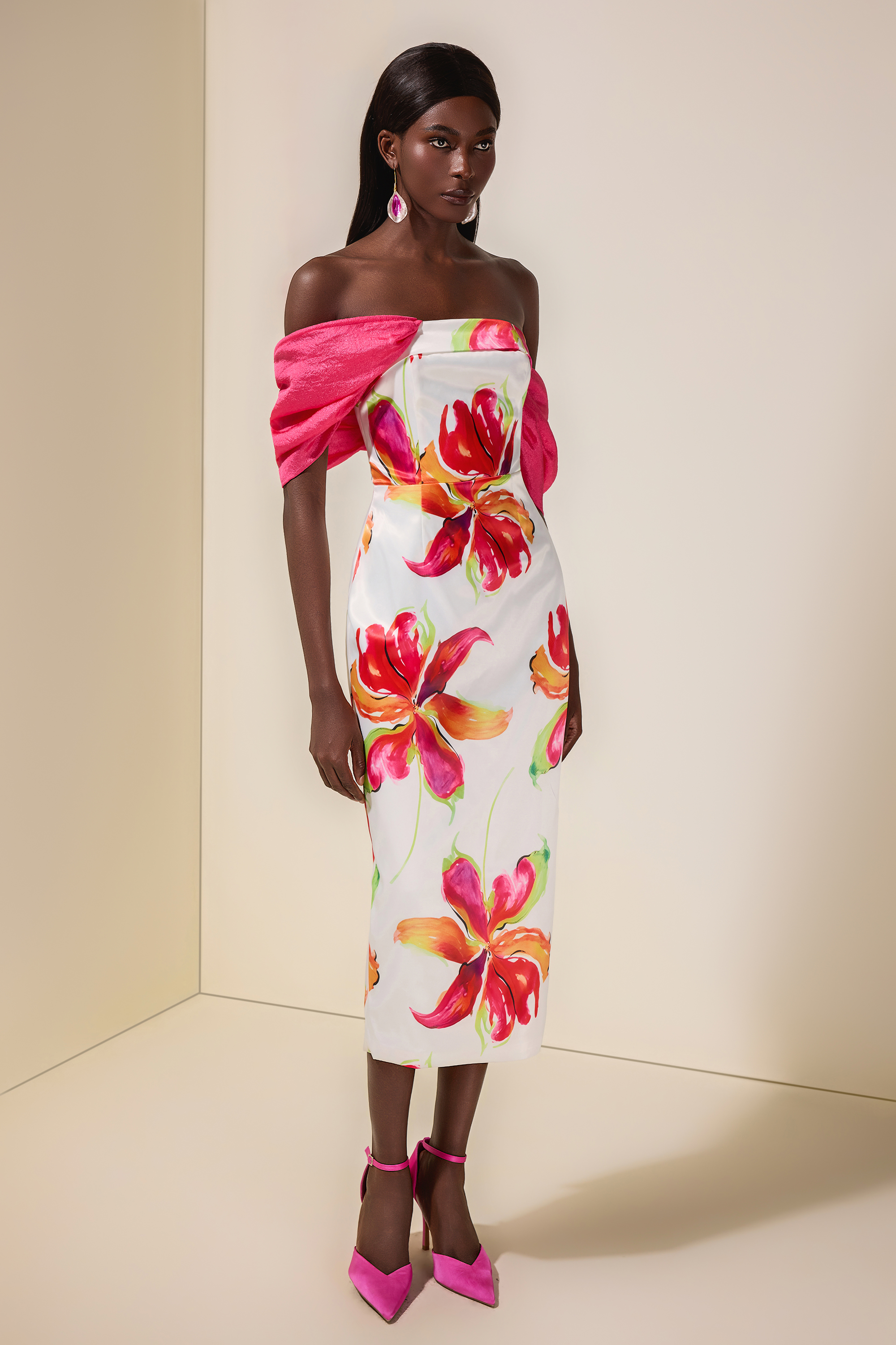 Floral Off-Shoulder Slit Midi Dress