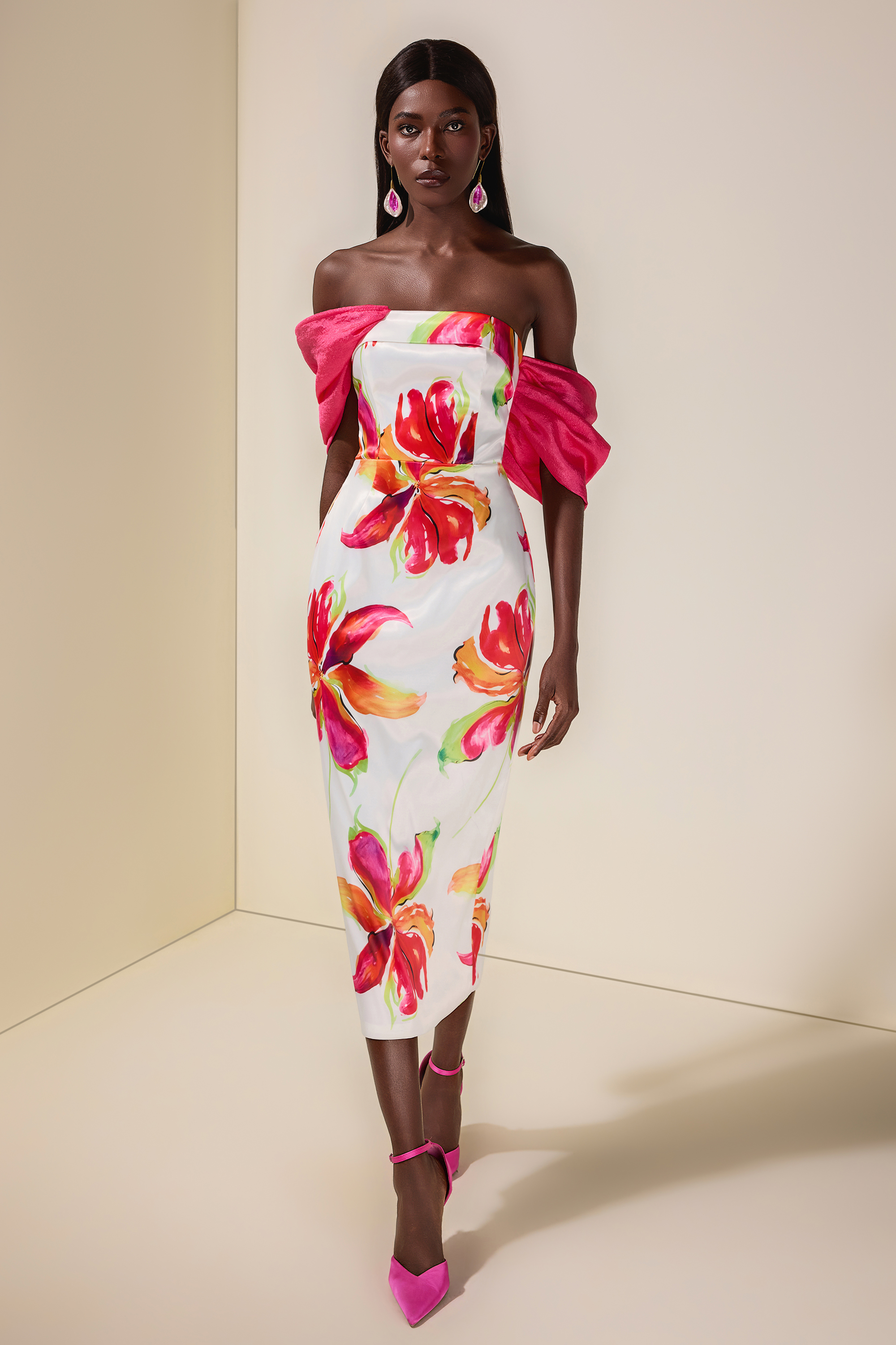 Floral Off-Shoulder Slit Midi Dress