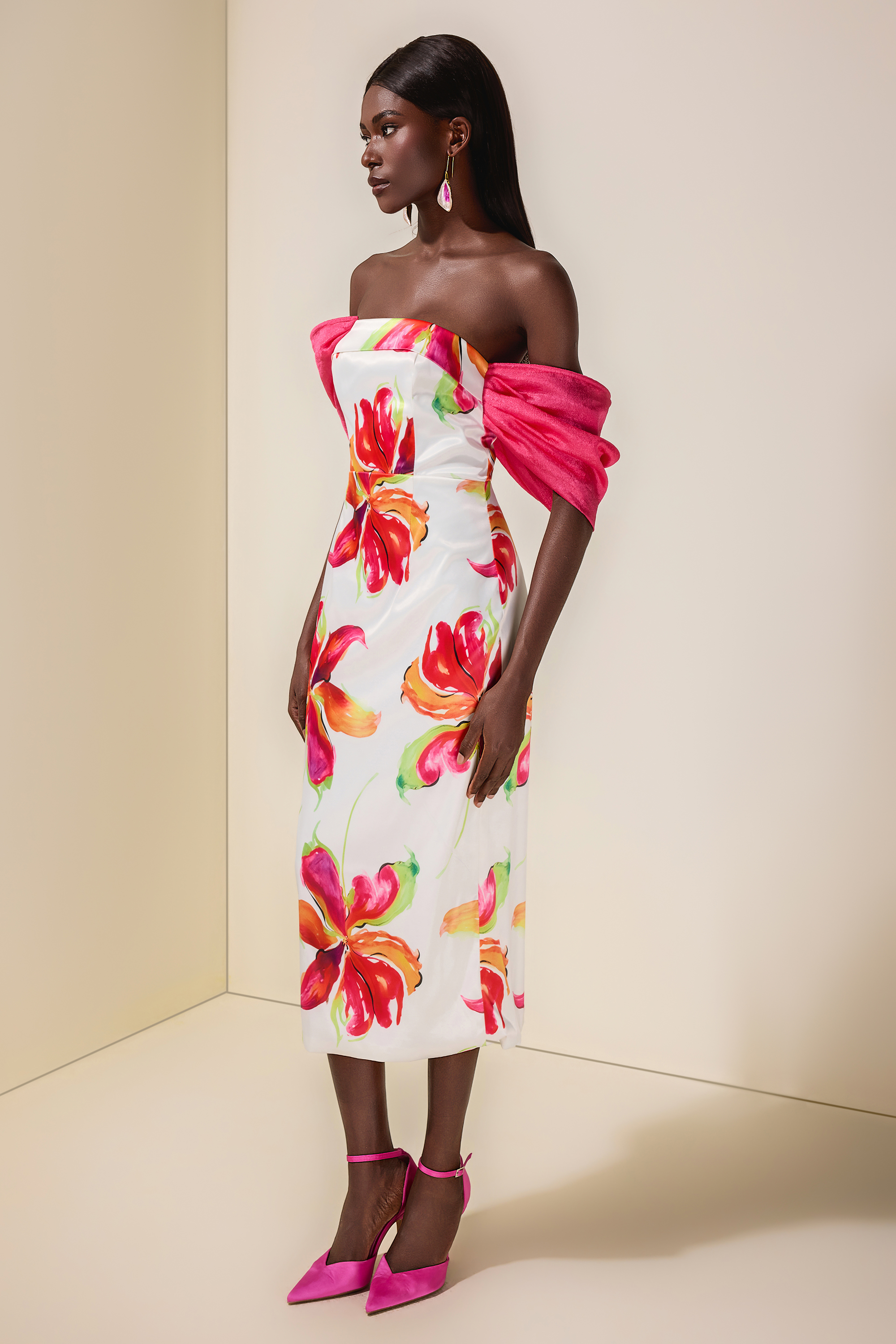 Floral Off-Shoulder Slit Midi Dress