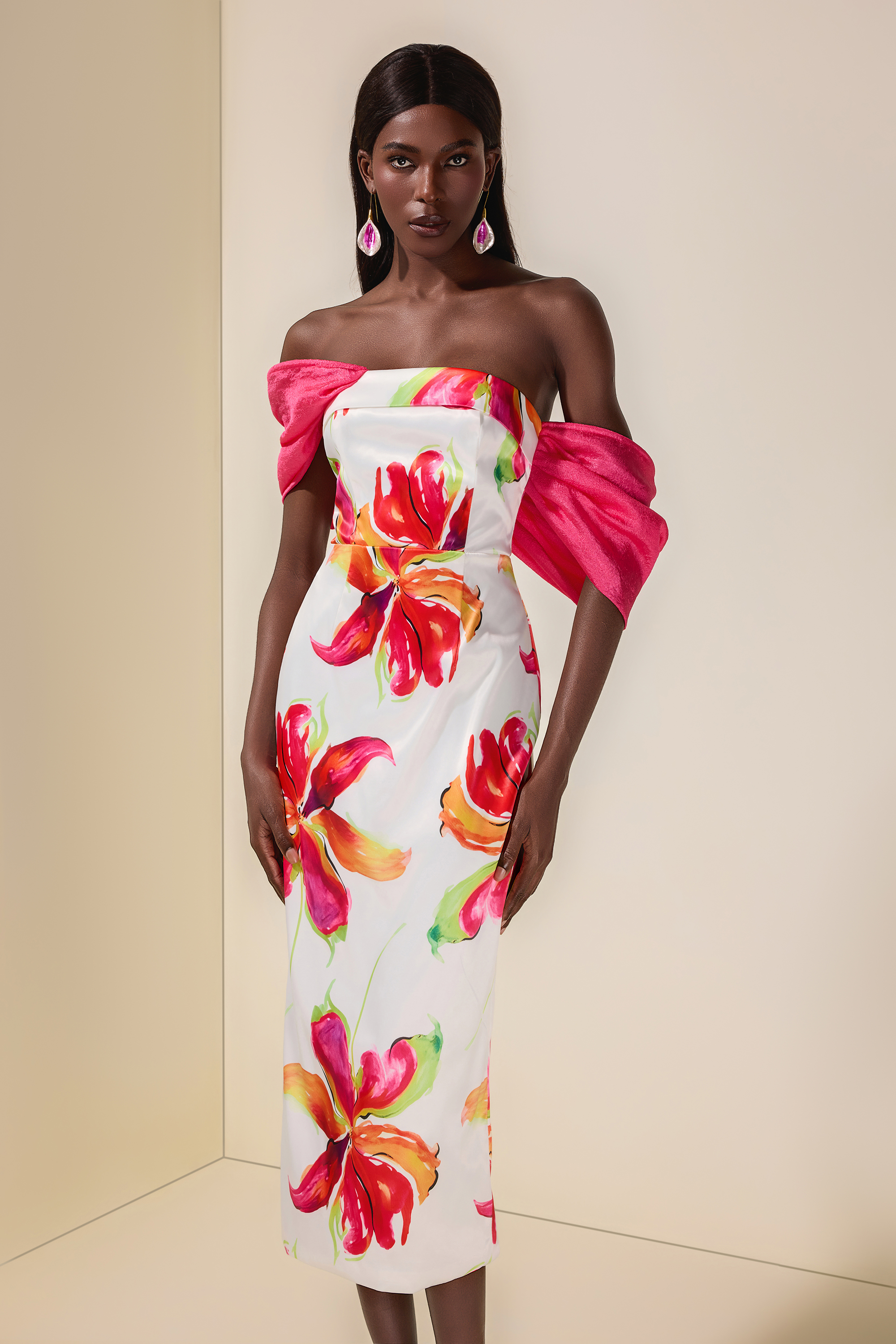 Floral Off-Shoulder Slit Midi Dress