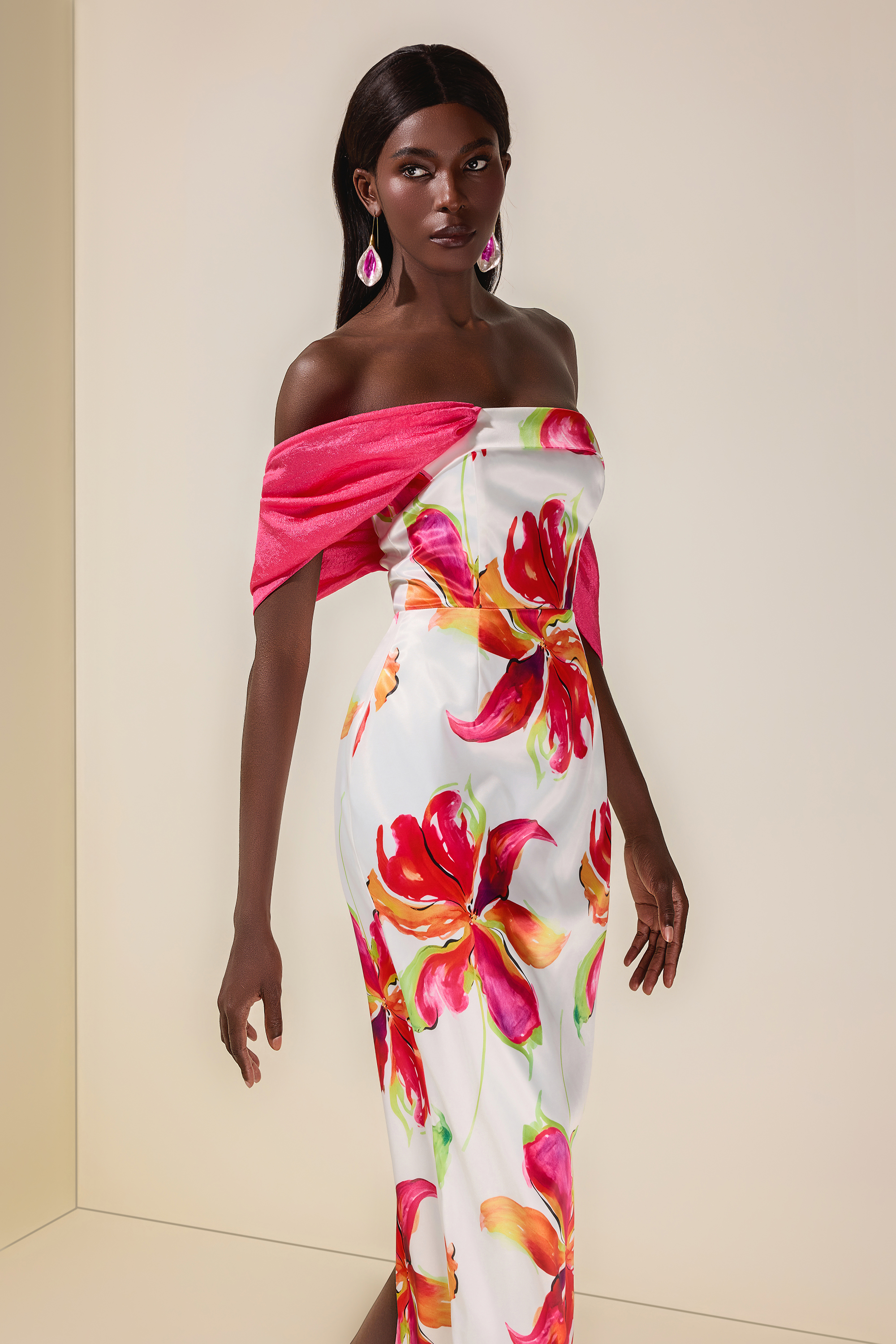 Floral Off-Shoulder Slit Midi Dress