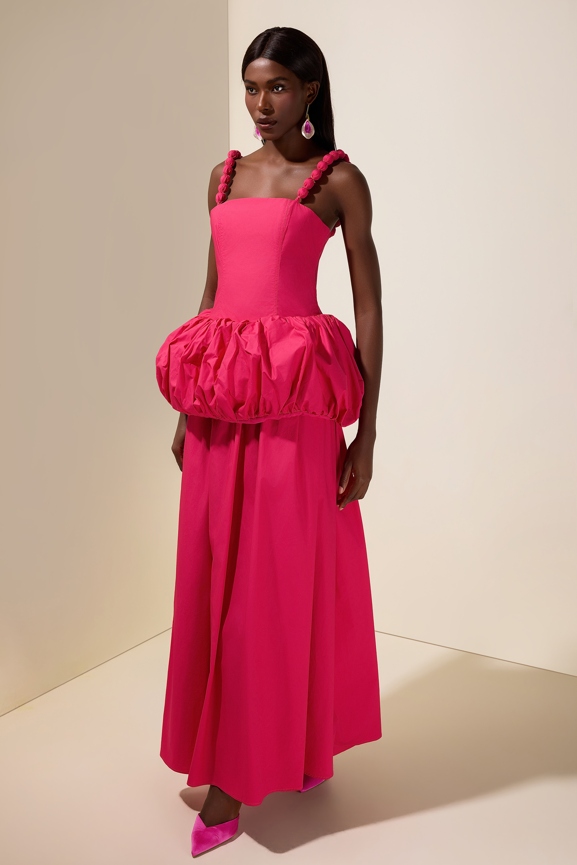 Solid Beaded Slip Puff Maxi Dress
