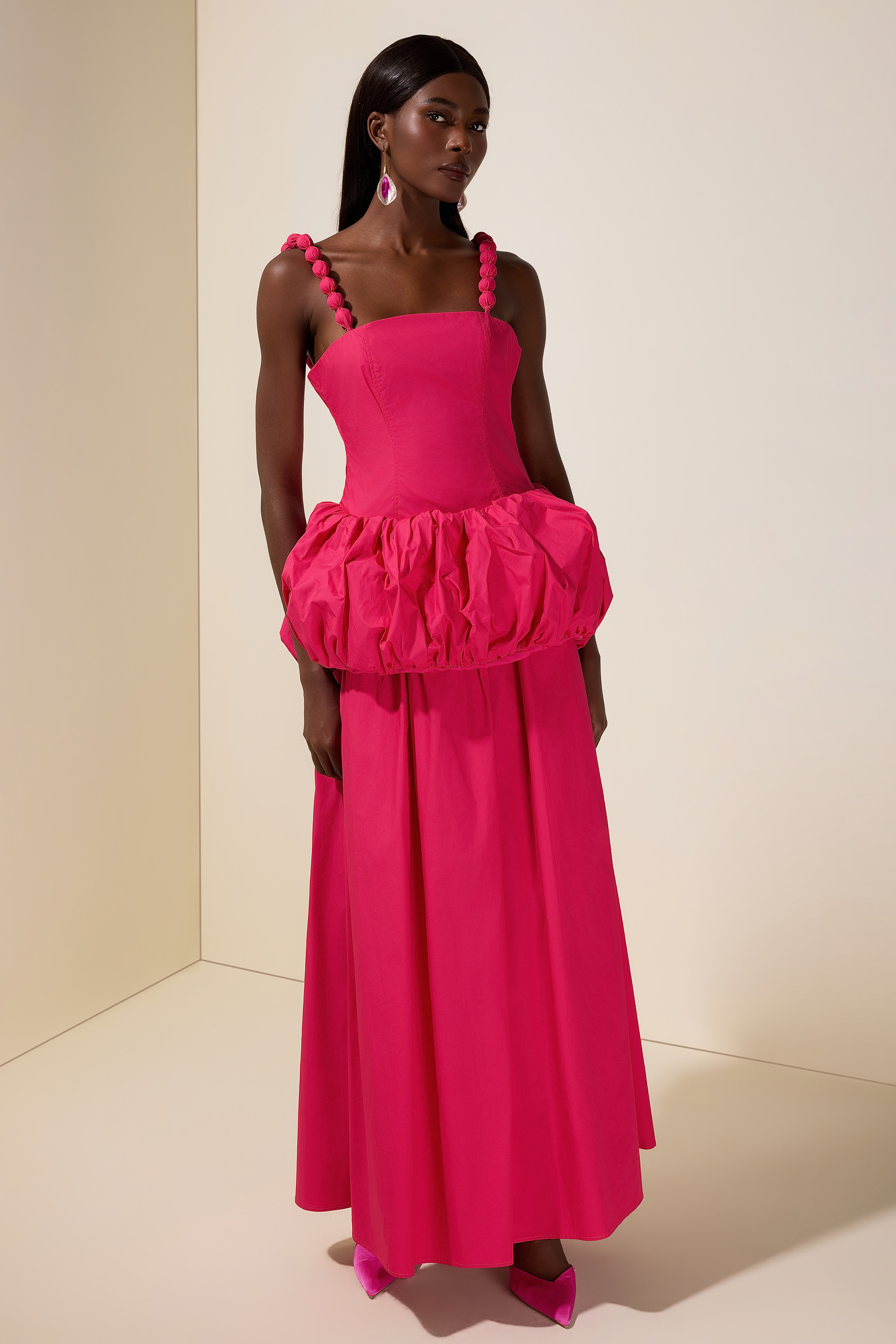 Solid Beaded Slip Puff Maxi Dress