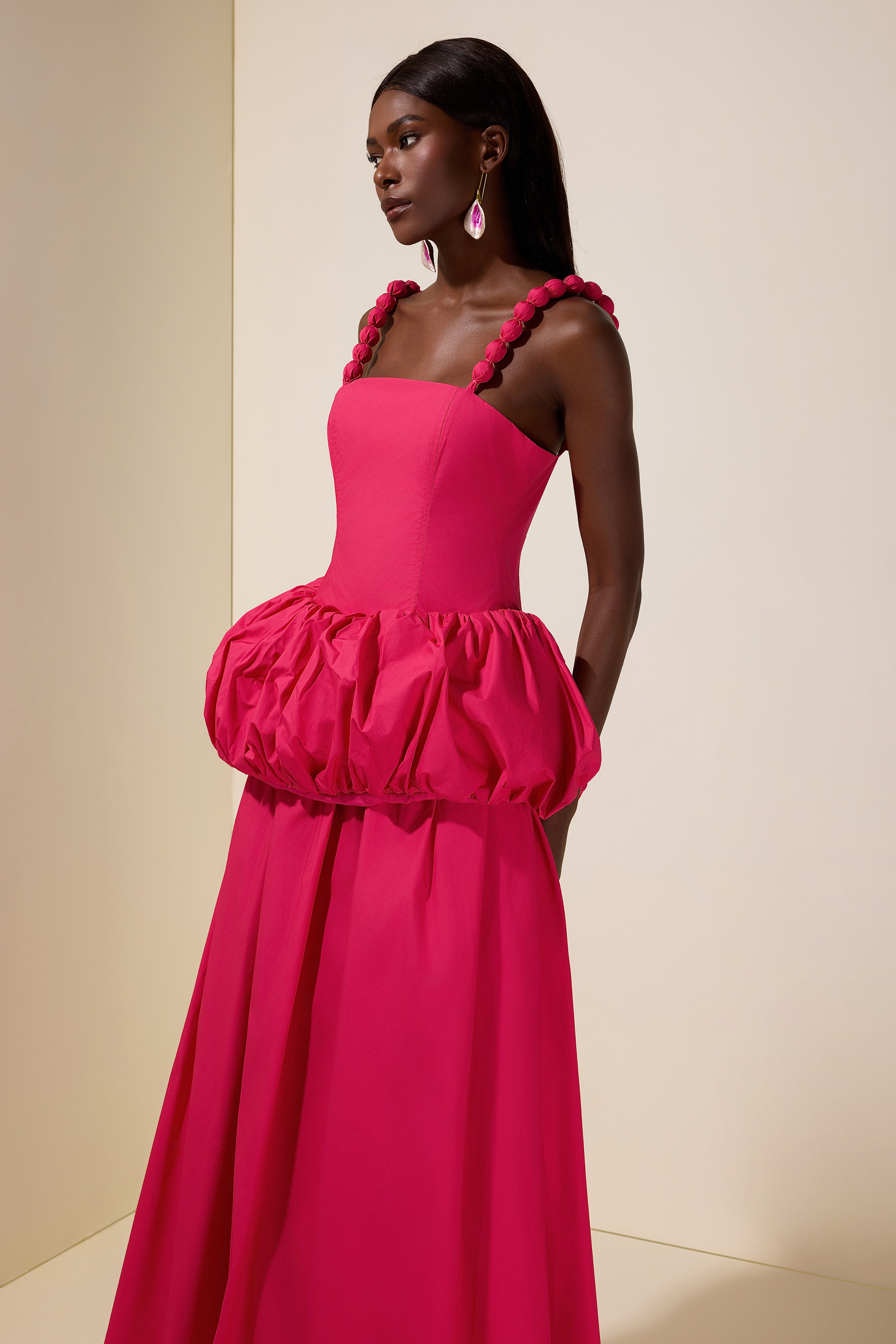 Solid Beaded Slip Puff Maxi Dress