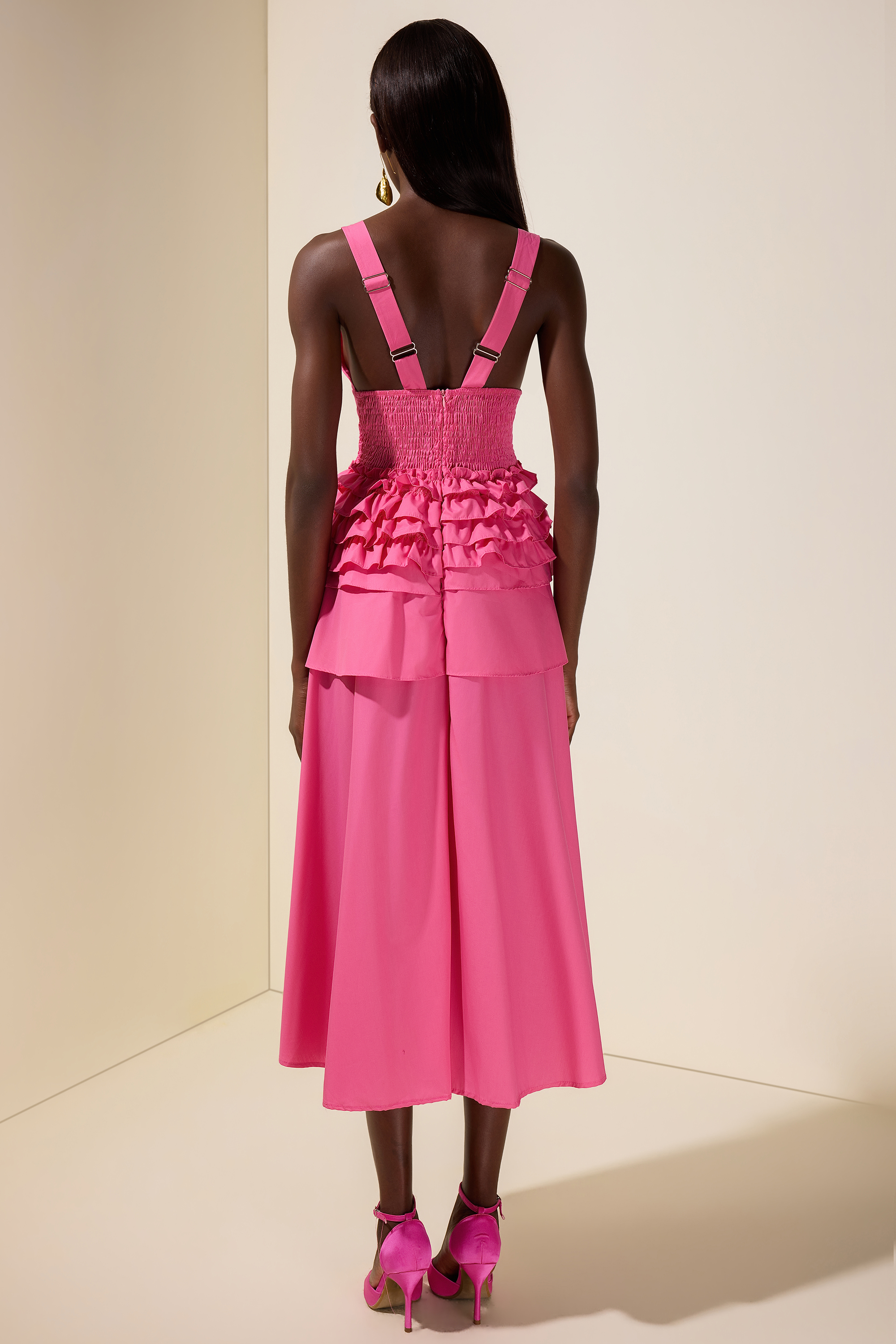 Solid Single Breasted V-Neck Ruffle Smocking Maxi Dress