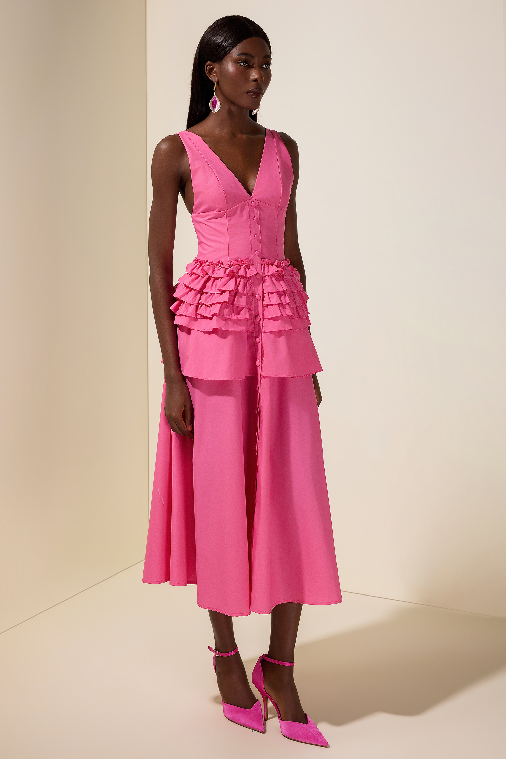 Solid Single Breasted V-Neck Ruffle Smocking Maxi Dress