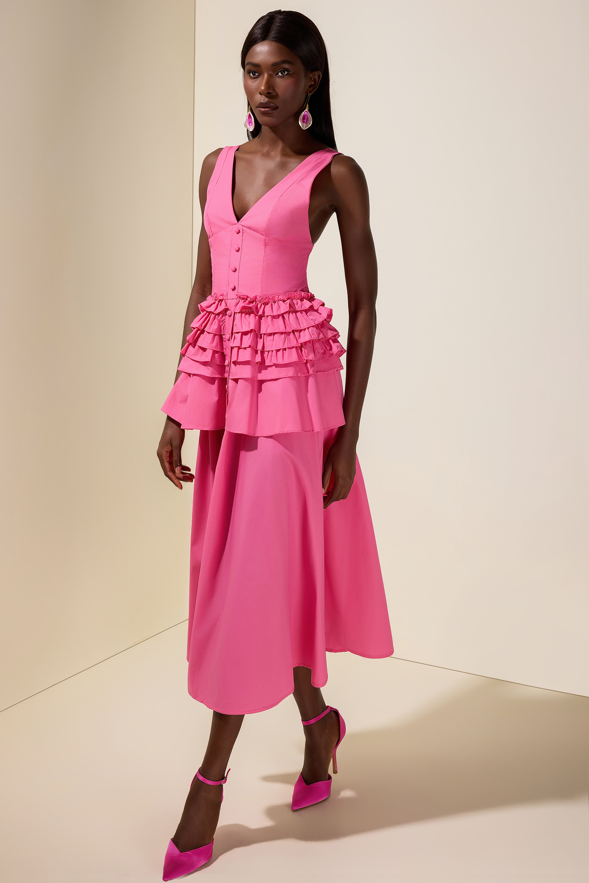 Solid Single Breasted V-Neck Ruffle Smocking Maxi Dress