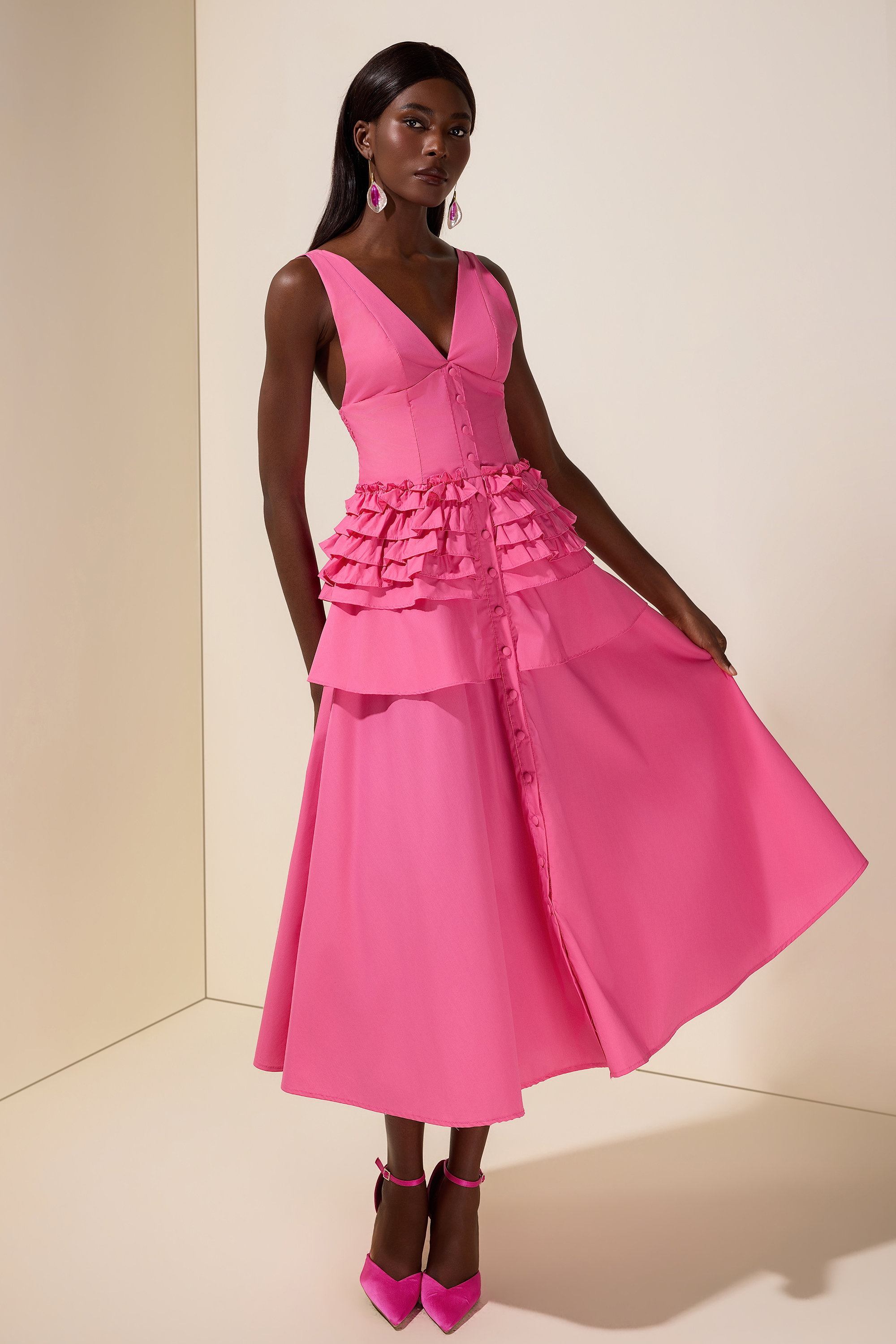 Solid Single Breasted V-Neck Ruffle Smocking Maxi Dress