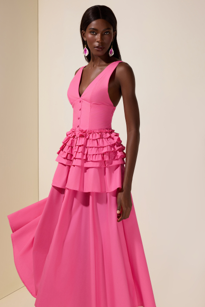 Solid Single Breasted V-Neck Ruffle Smocking Maxi Dress