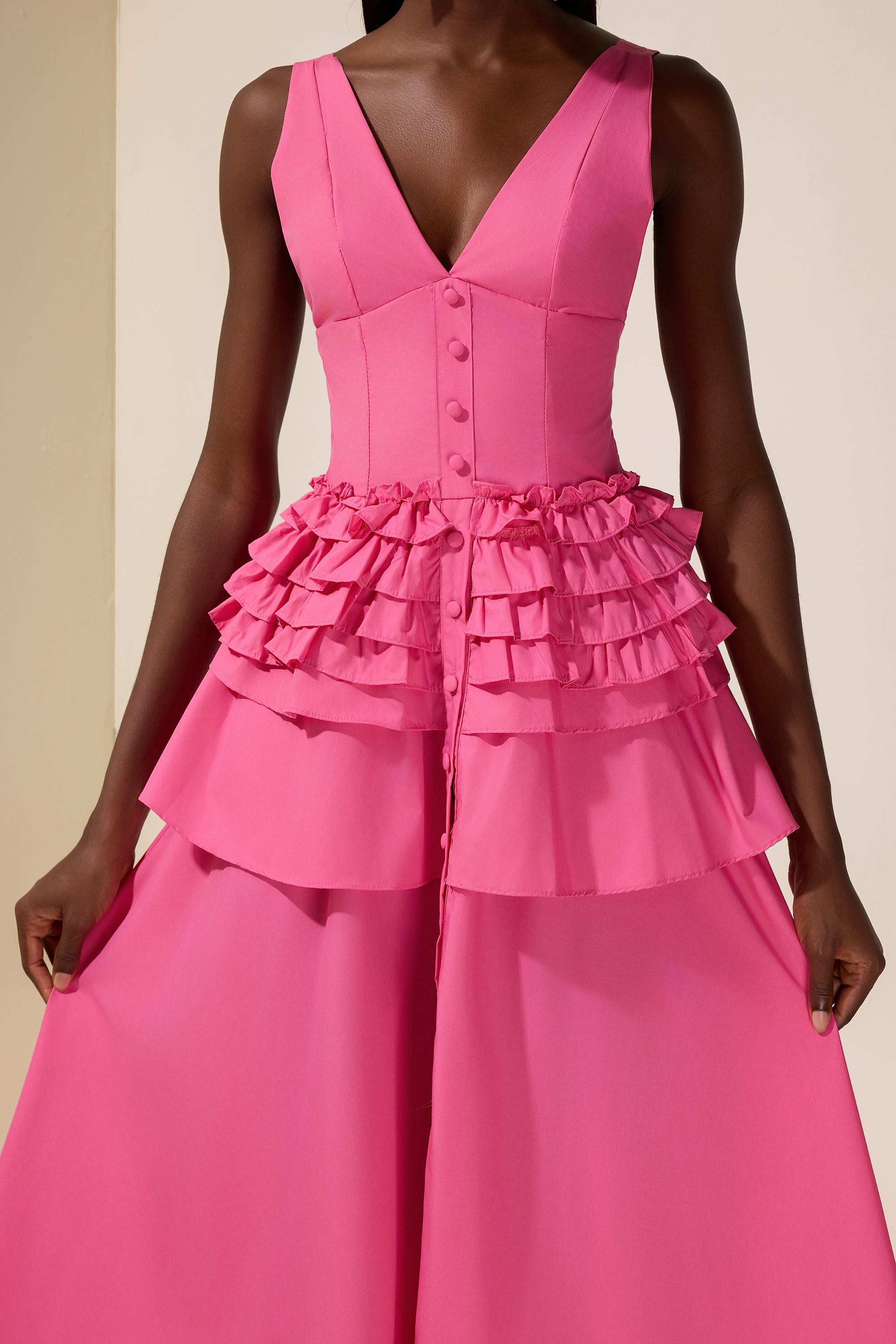 Solid Single Breasted V-Neck Ruffle Smocking Maxi Dress