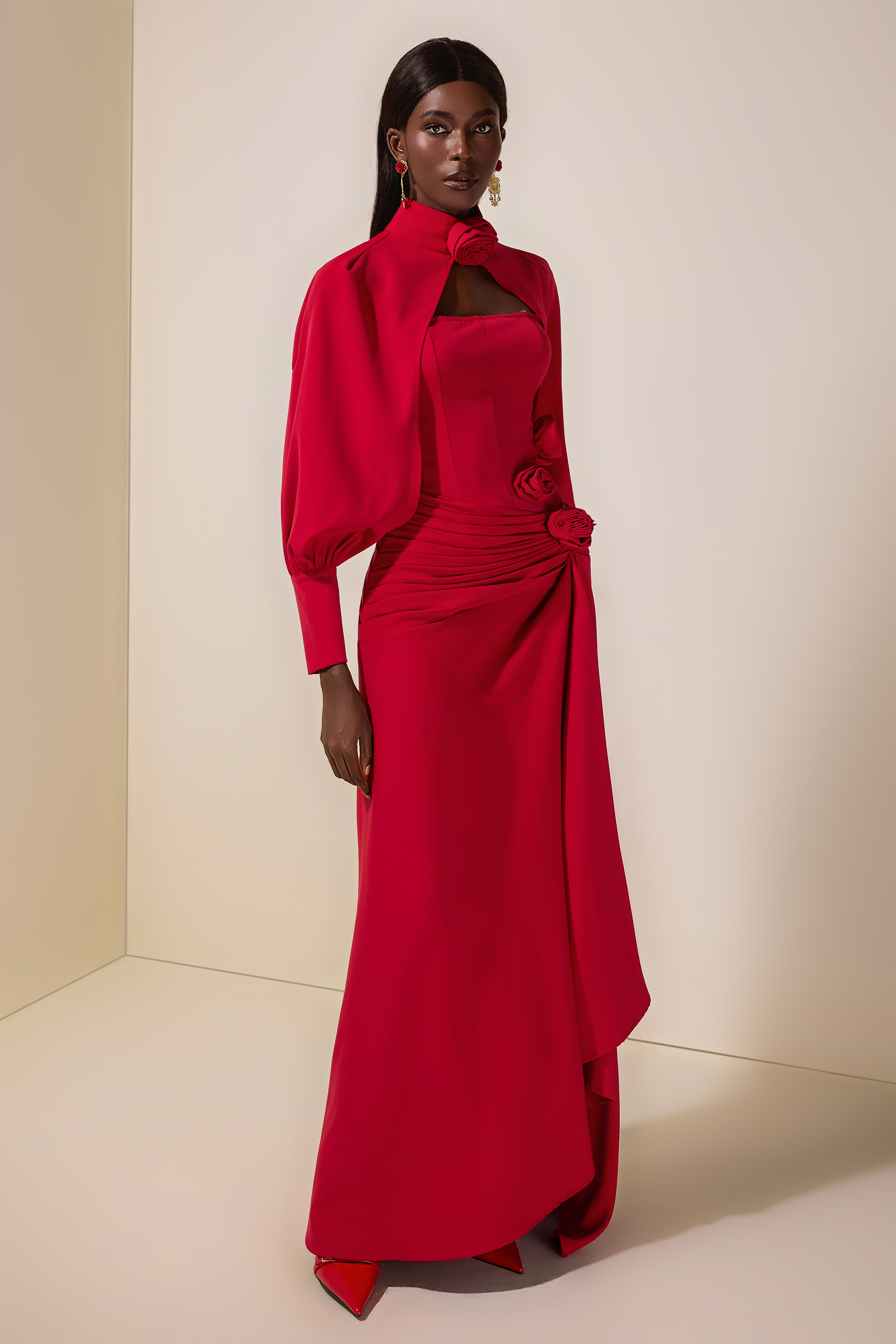 3D Flower Ruched Maxi Dress With Cape