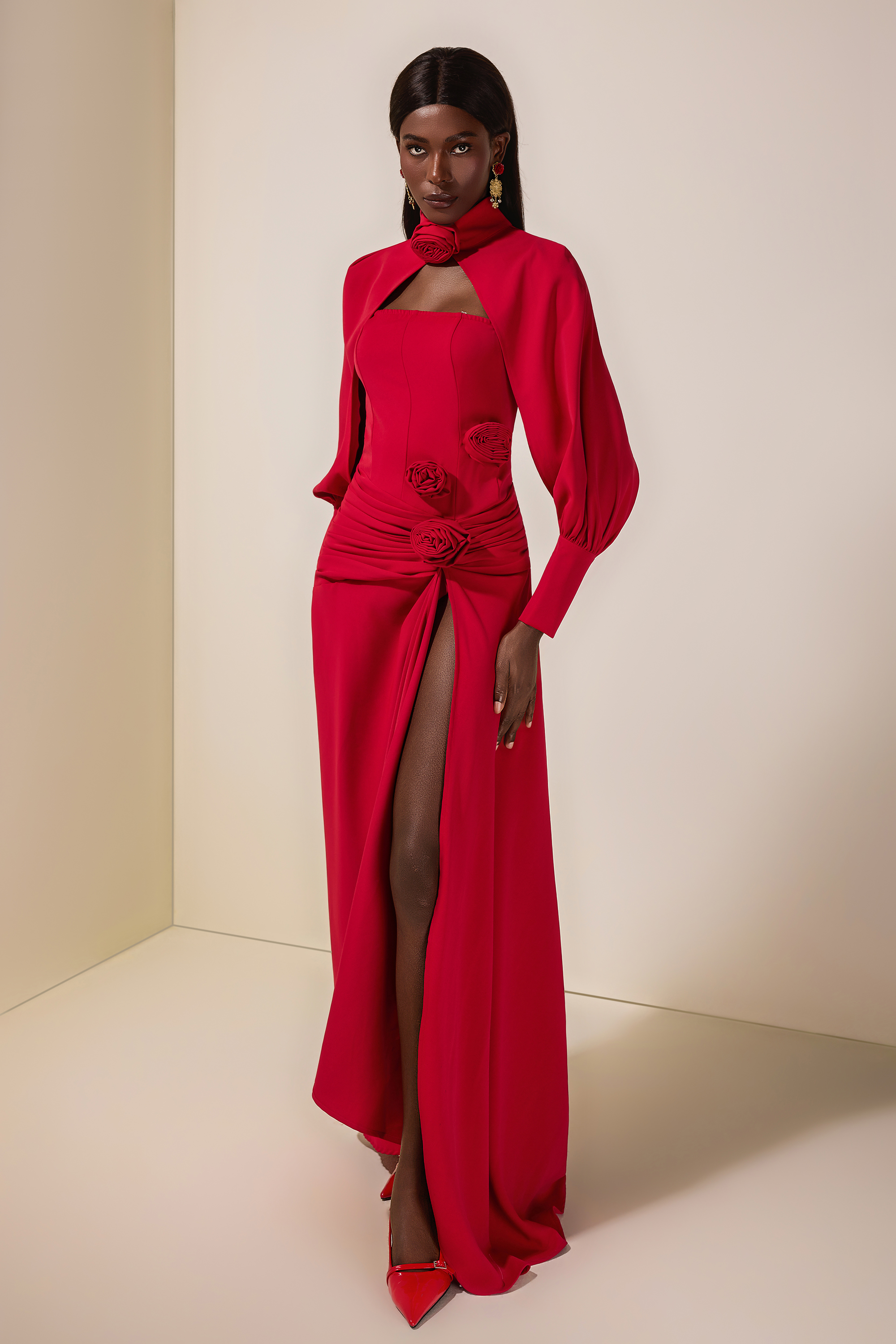 3D Flower Ruched Maxi Dress With Cape