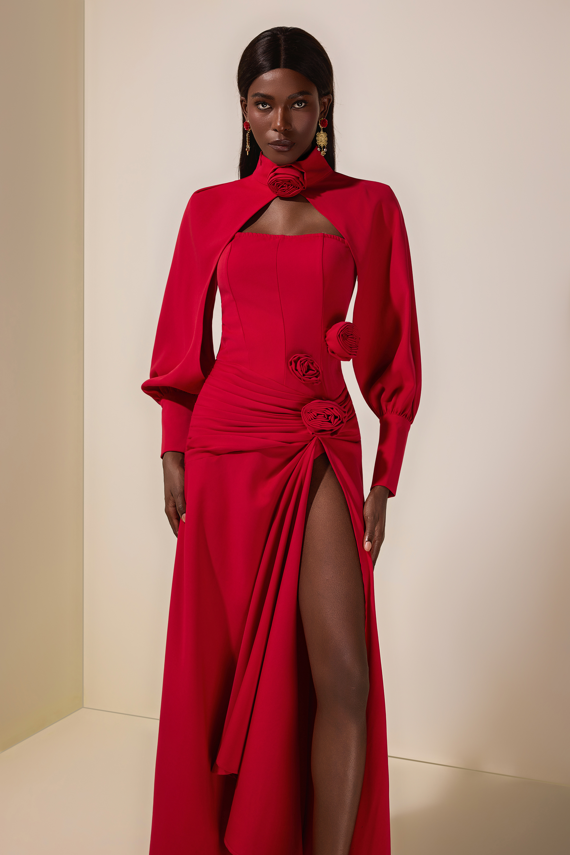 3D Flower Ruched Maxi Dress With Cape