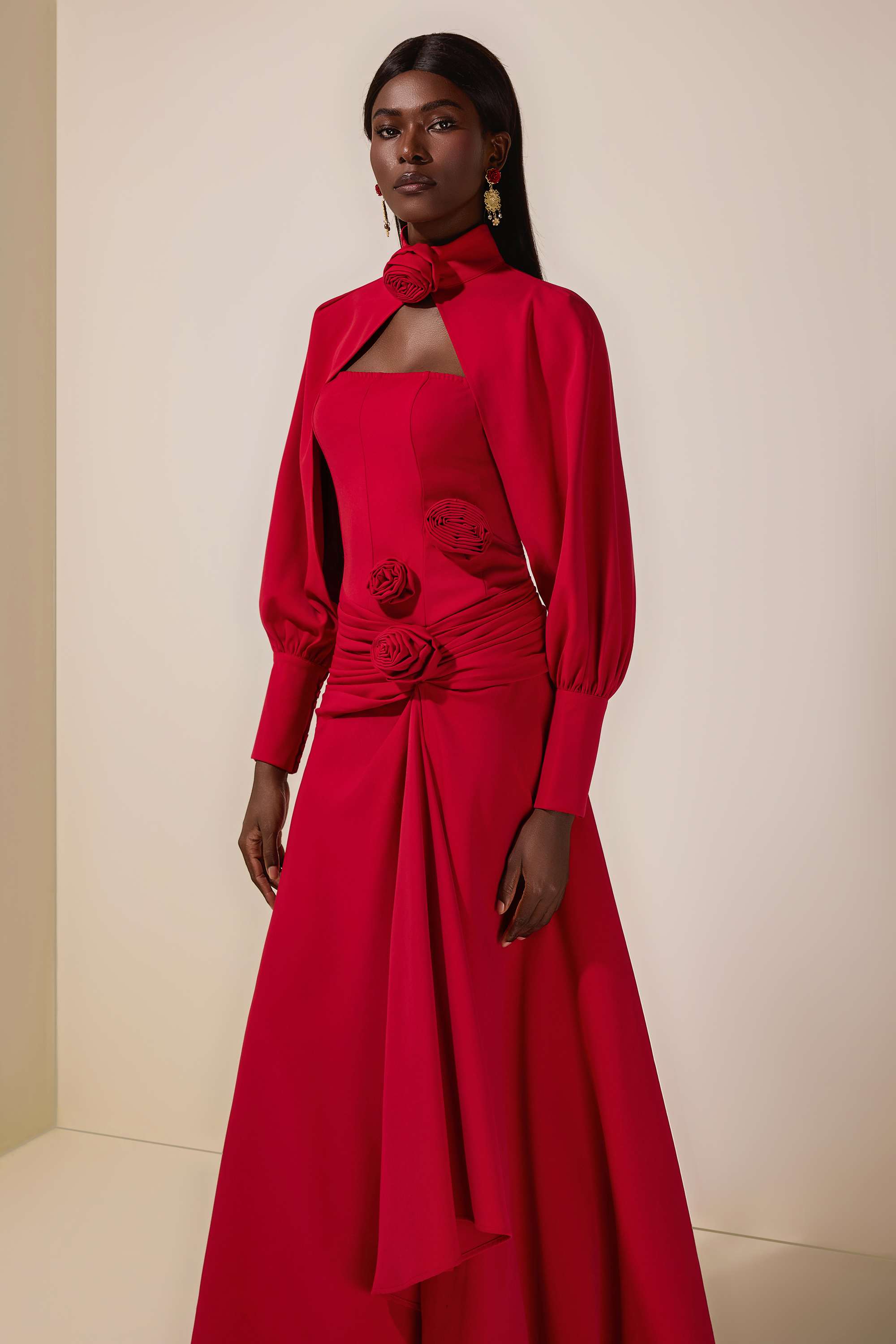 3D Flower Ruched Maxi Dress With Cape