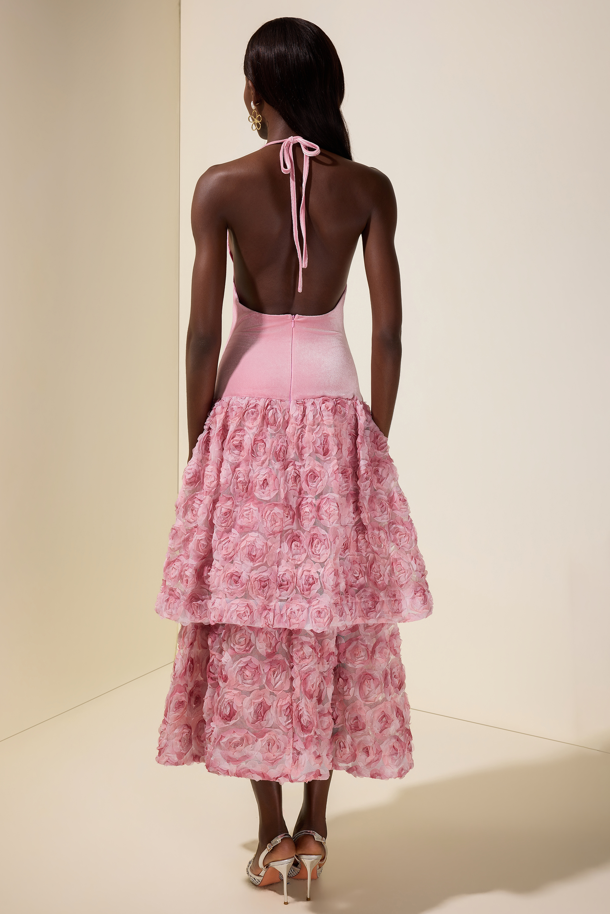 Velvet 3D Flower Halter Neck Midi Dress