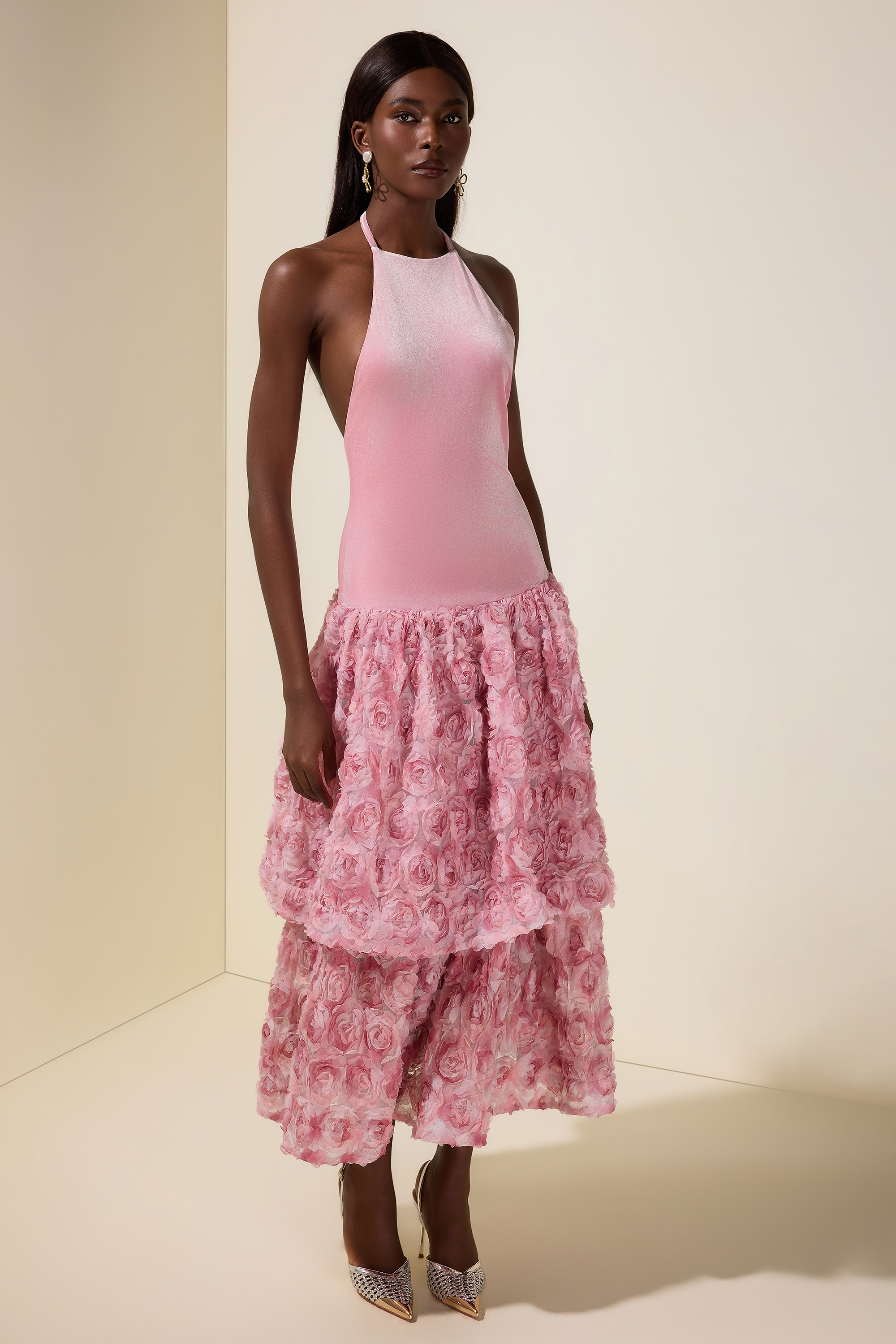 Velvet 3D Flower Halter Neck Midi Dress