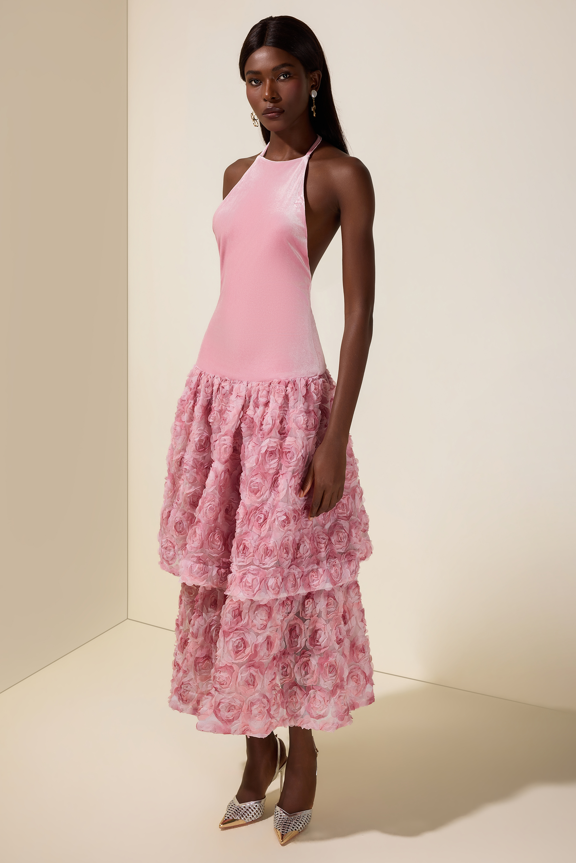 Velvet 3D Flower Halter Neck Midi Dress